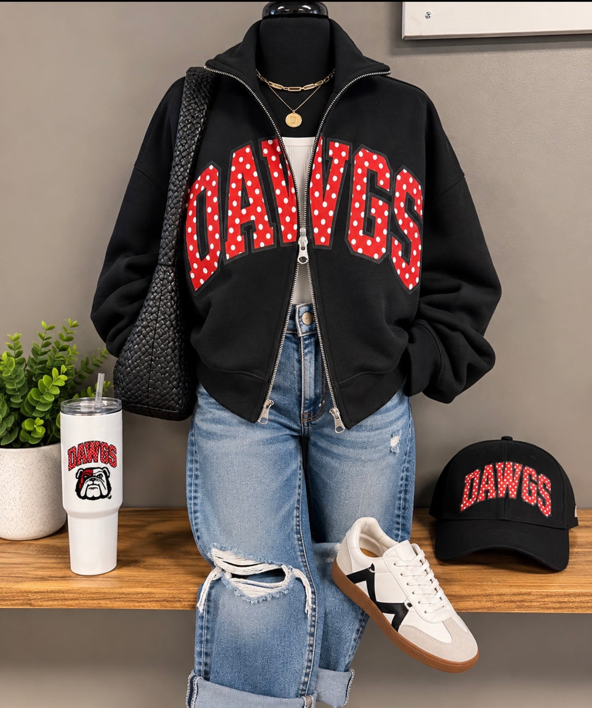 DAWGS polka dot black varsity dual zip fleece jacket