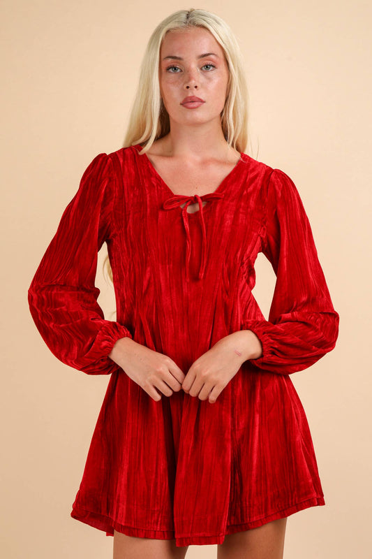 Red Front Ribbon Velvet Holiday Mini Flare Dress