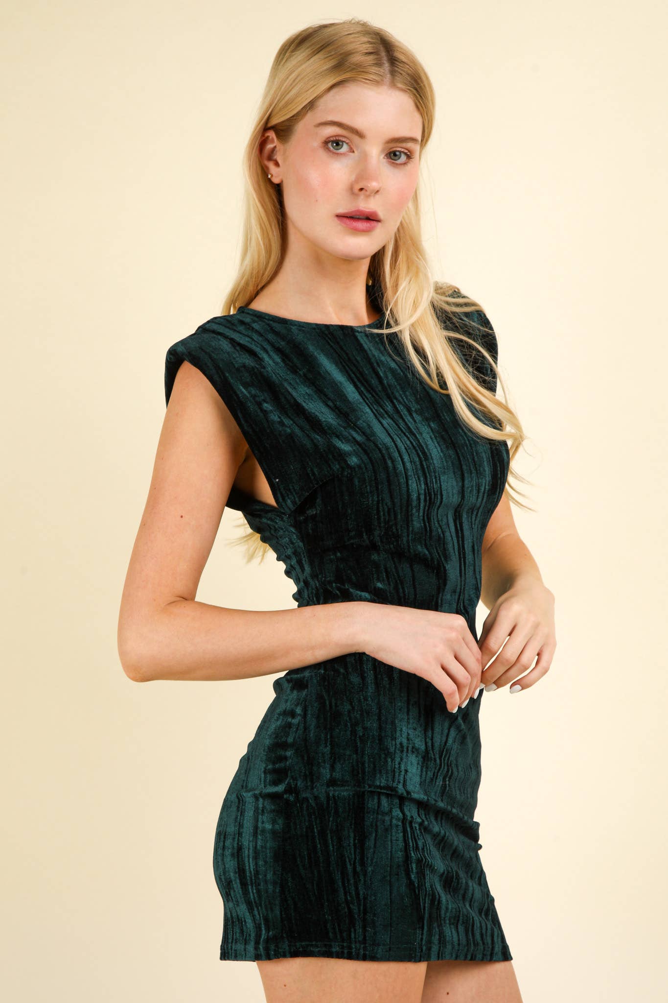 Velvet Fitted Mini Holiday Dress With Shoulder Pad: FOREST