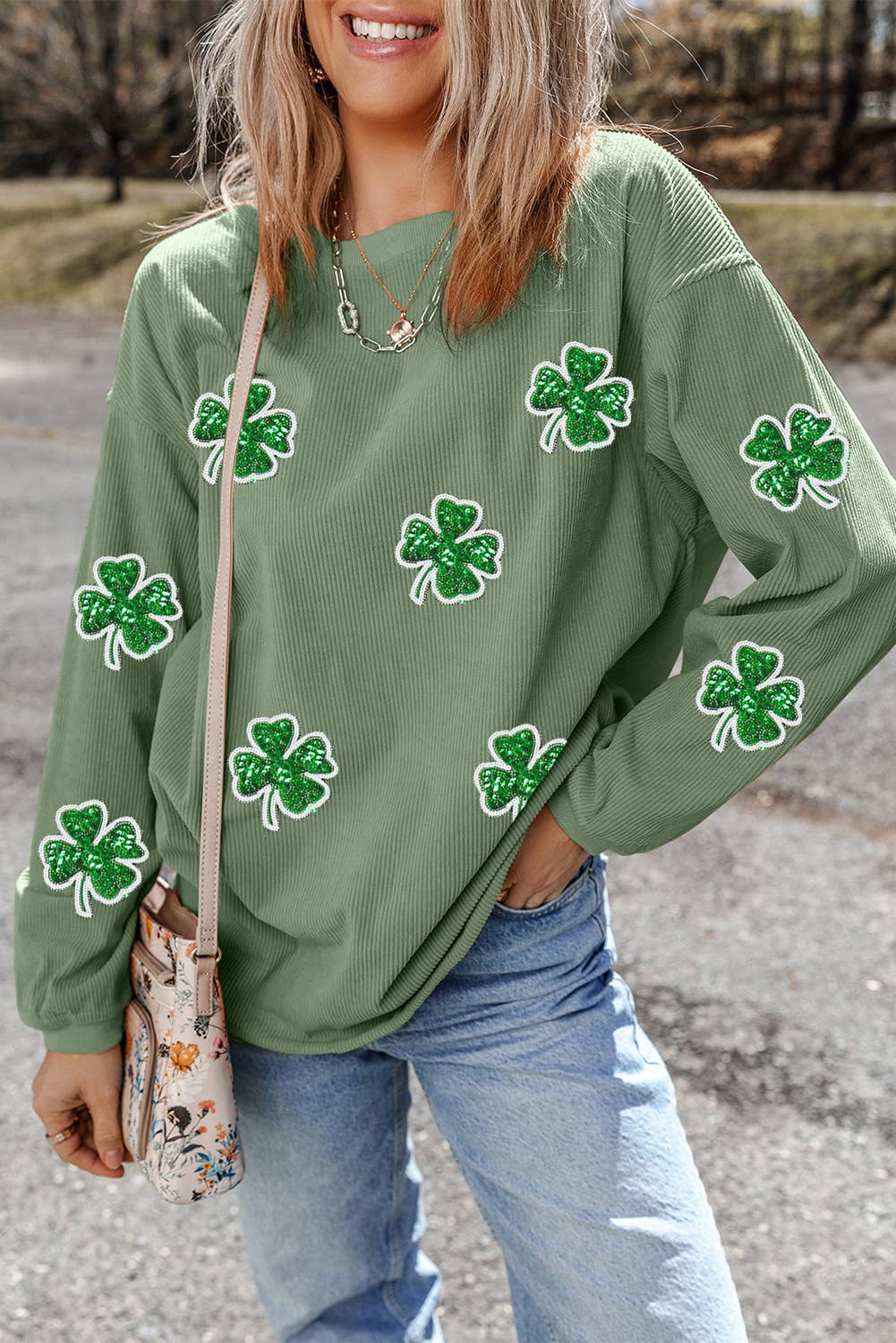 St. Patricks Clover Graphic Corduroy Sweatshirt