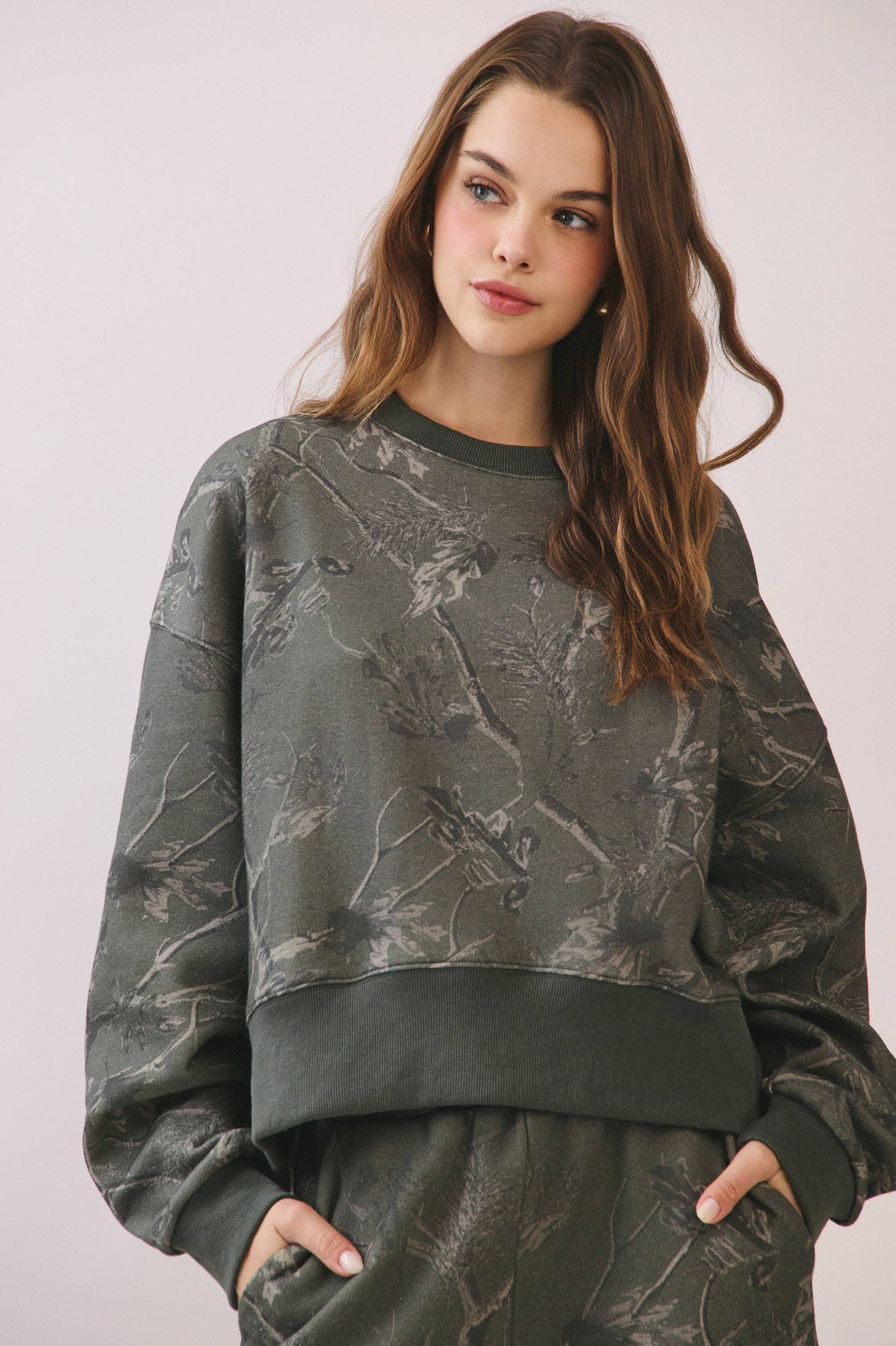 Camouflage Print Dropped Shoulders Sweatshirt Olive