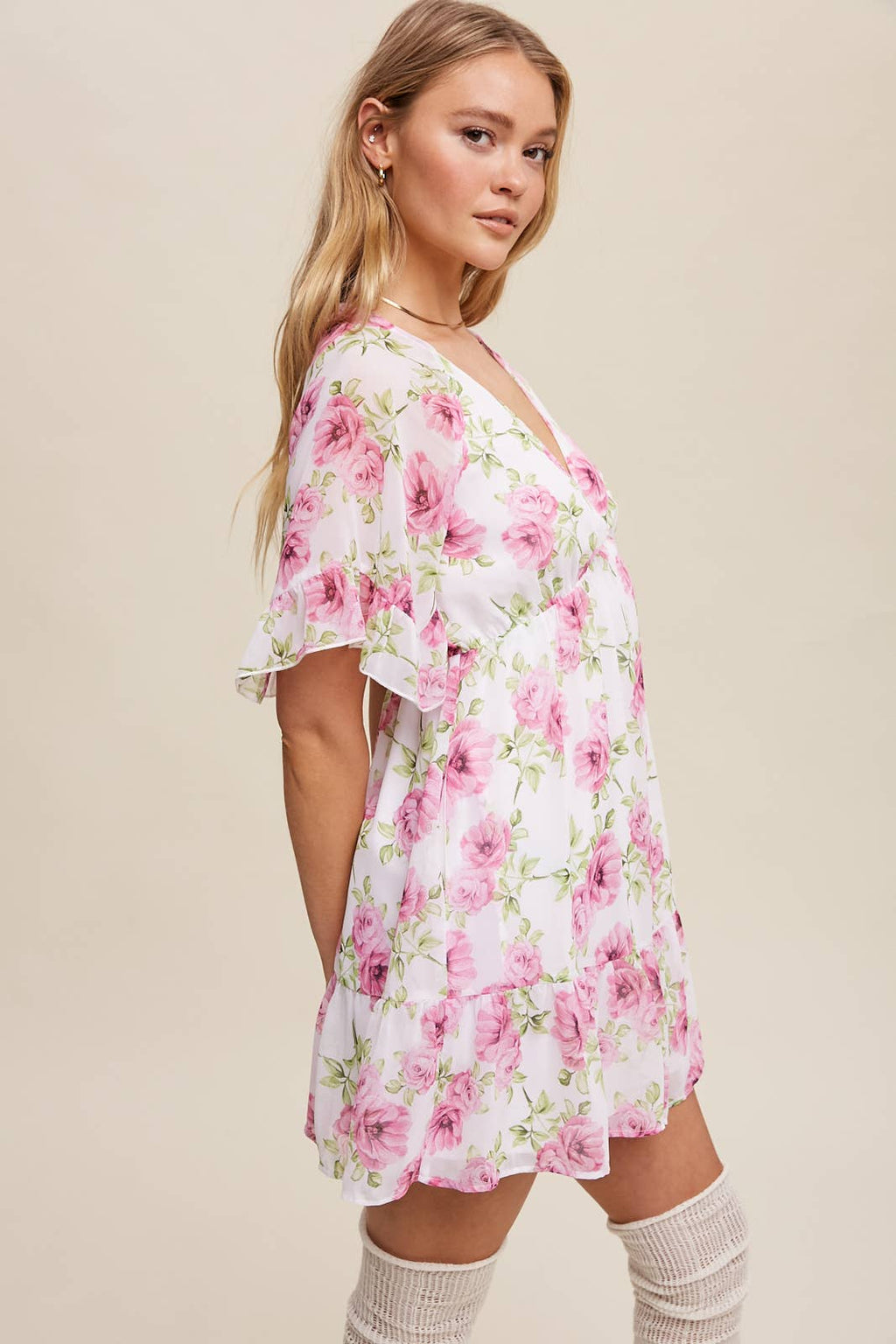 Floral Ruffle Sleeve Mini Dress: Cream