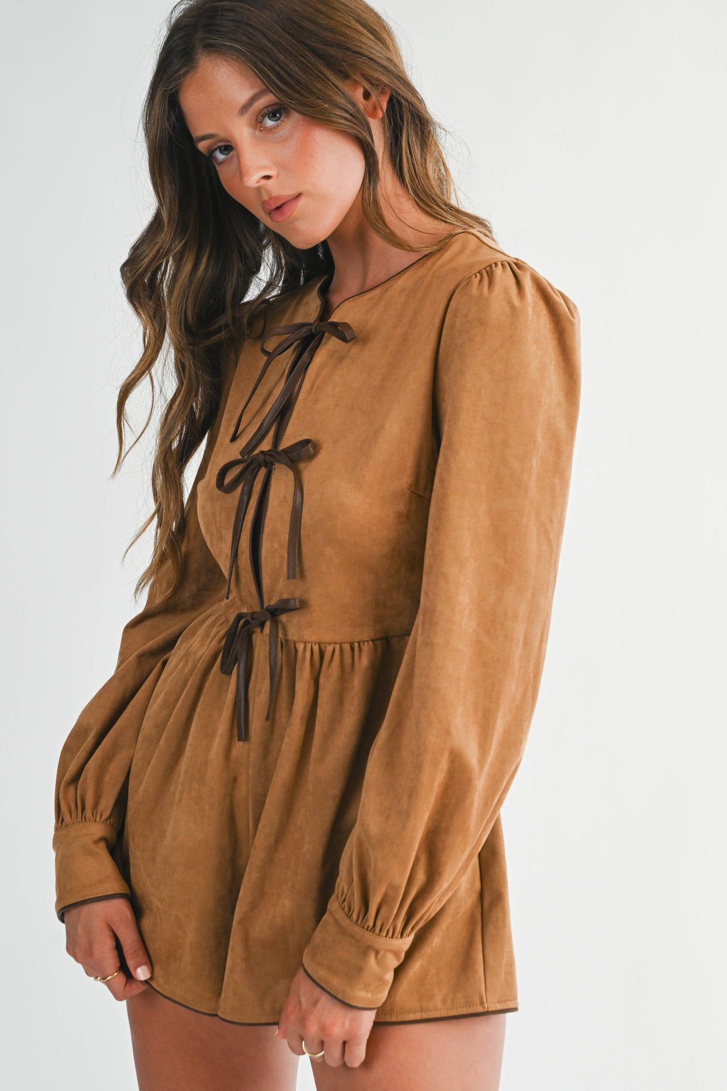 Suede Tie-Front Long Sleeve Romper