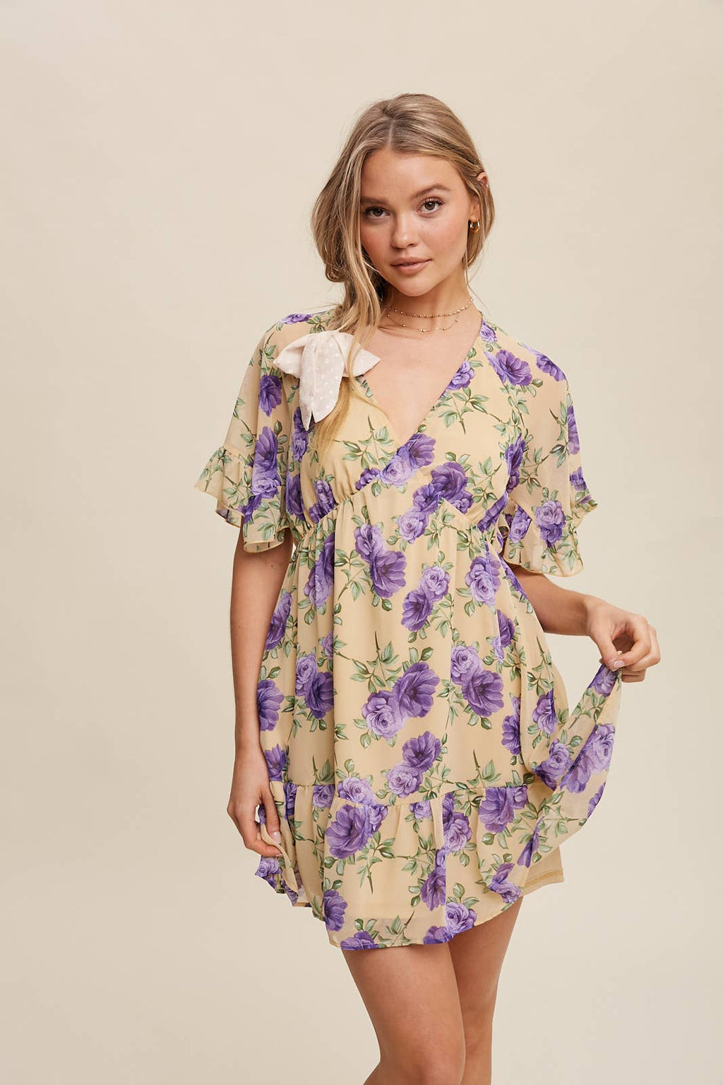 Floral Ruffle Sleeve Mini Dress: Cream