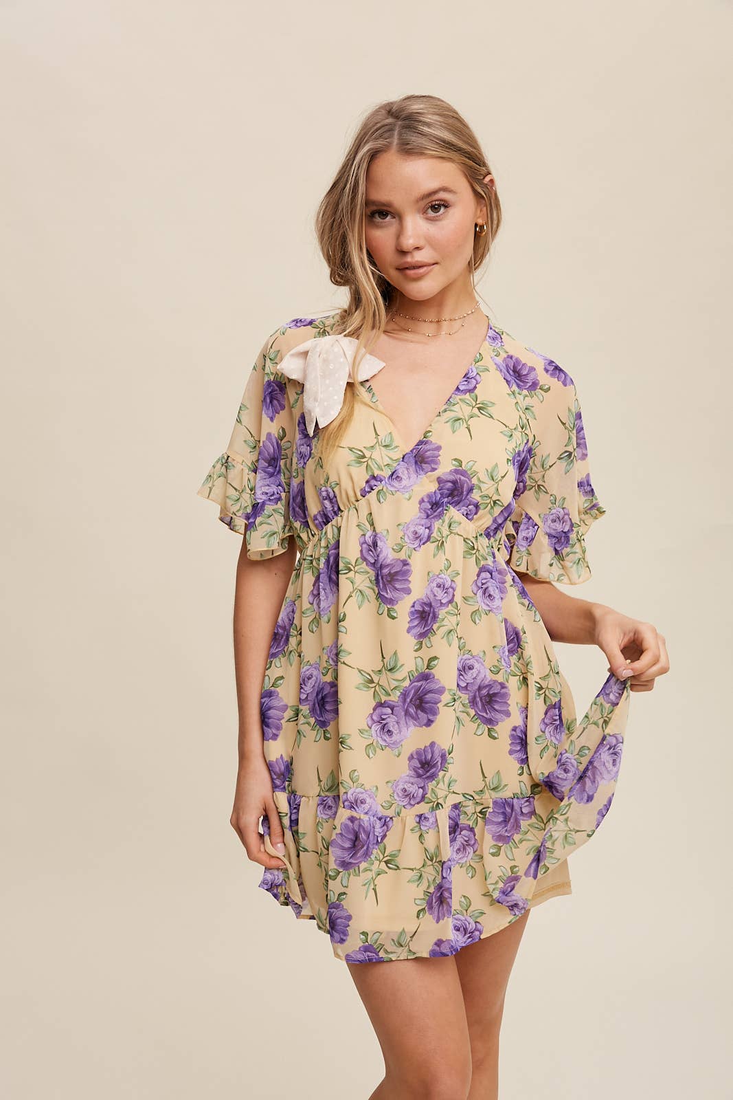 Floral Ruffle Sleeve Mini Dress: Cream