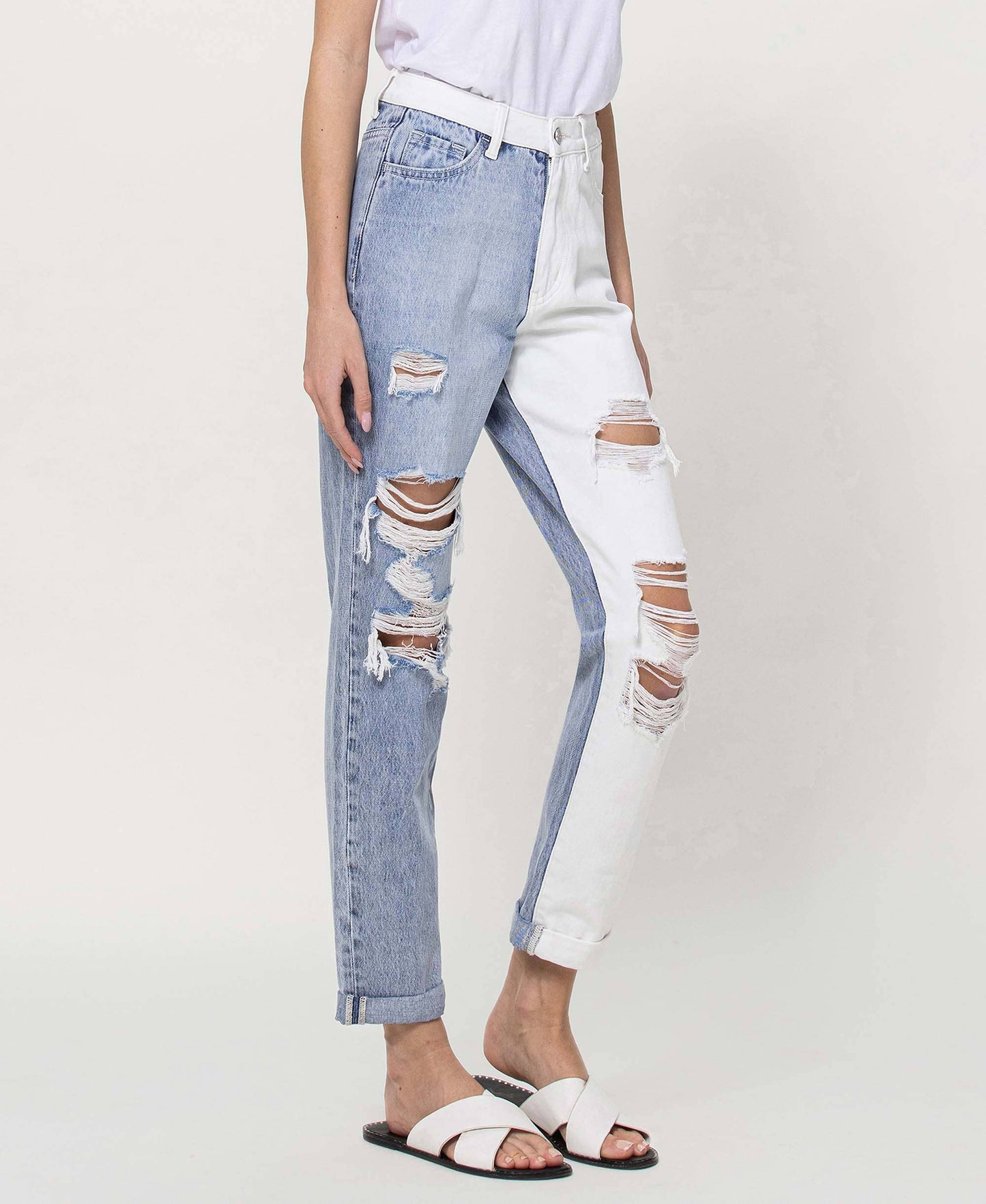 SUPER HIGH RISE SPLIT TWO TONE CUFFED MOM JEANS EMMA