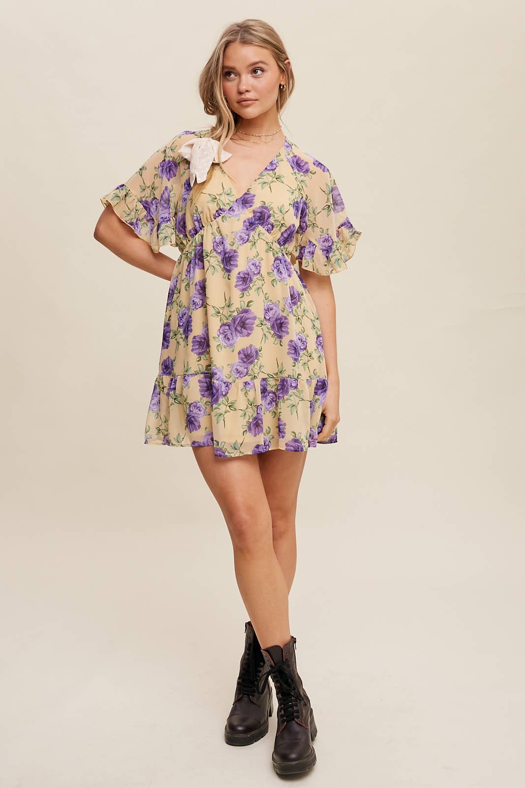 Floral Ruffle Sleeve Mini Dress: Cream