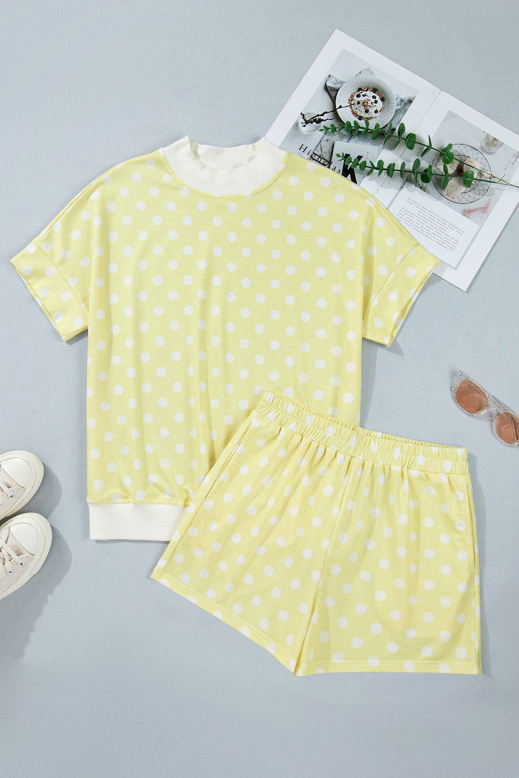 Polka Dot Mock Neck & Shorts Set: Sky Blue