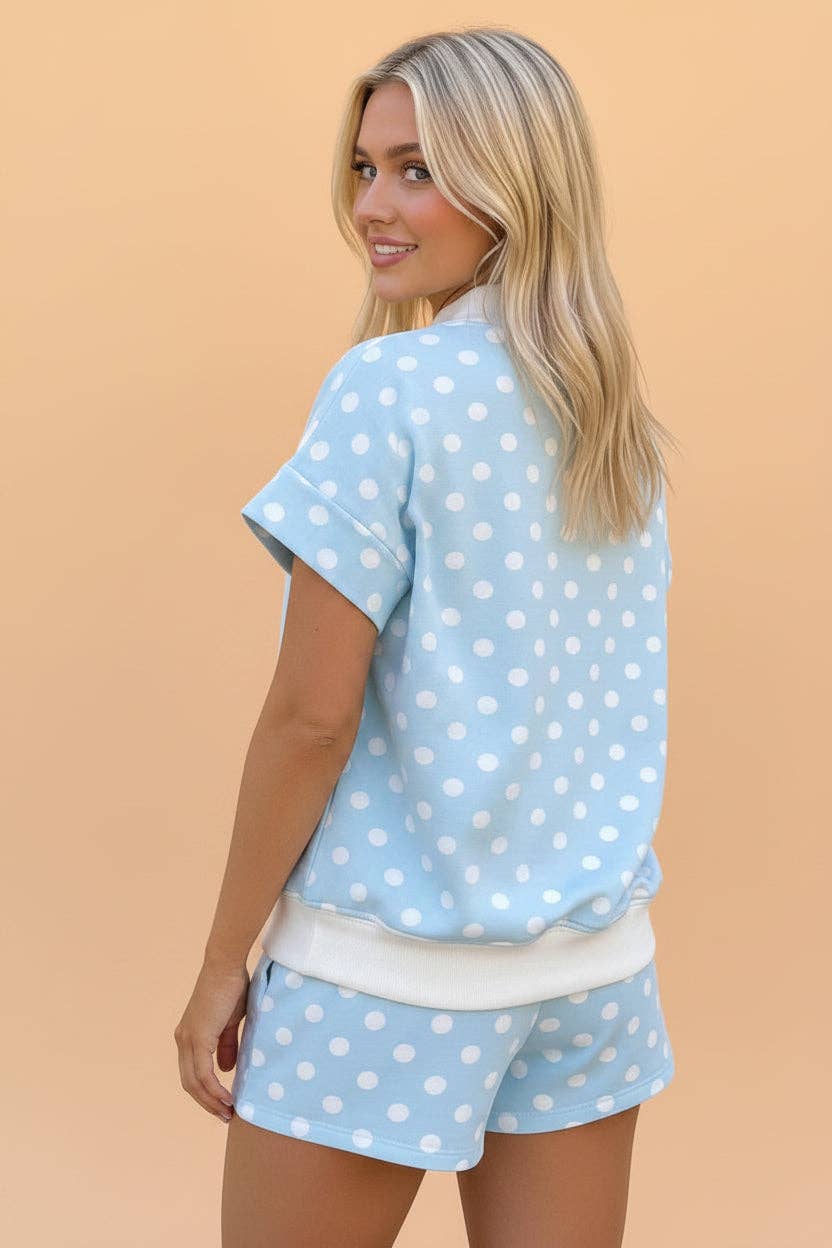 Polka Dot Mock Neck & Shorts Set: Sky Blue