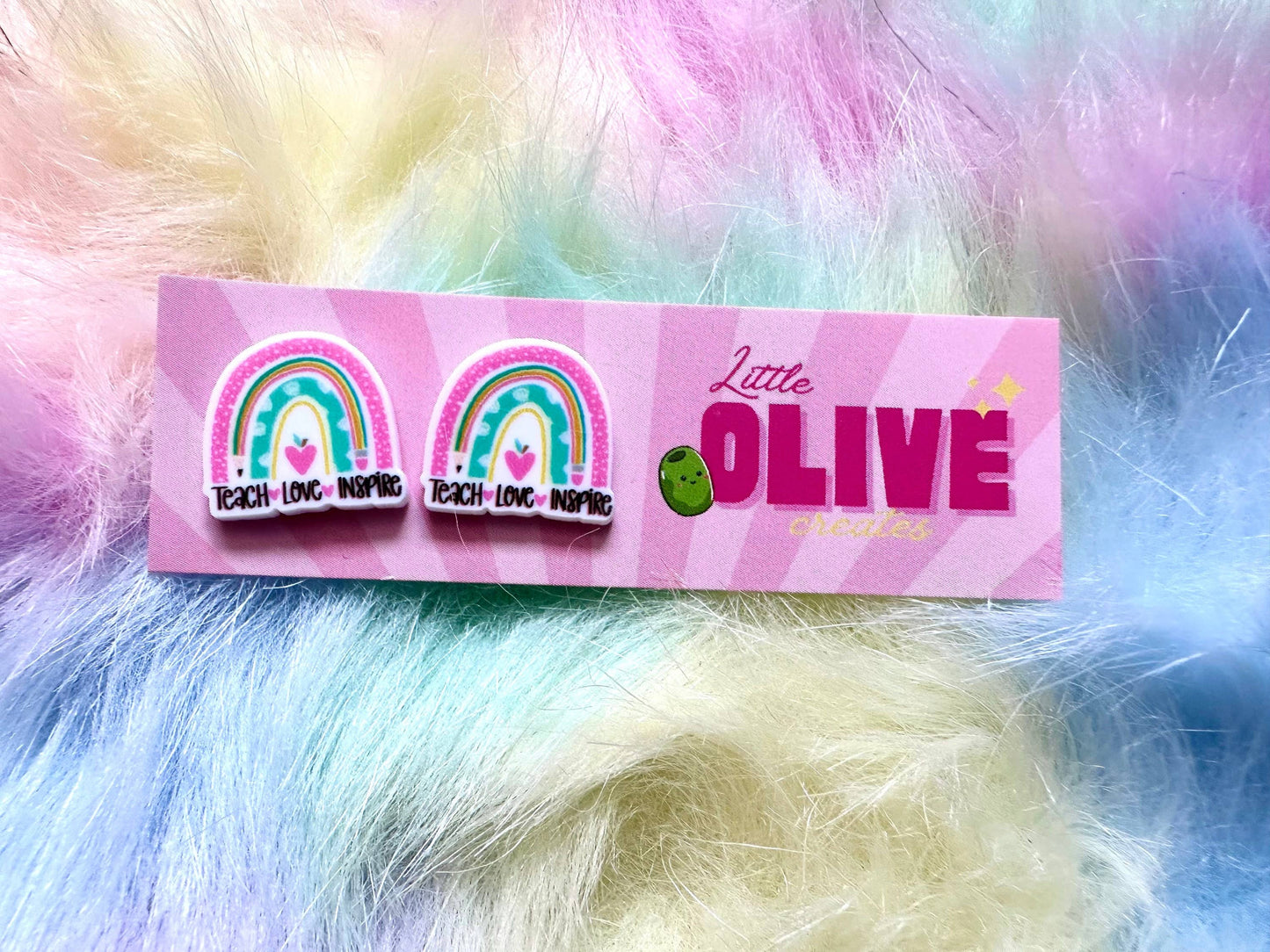 Teach Love Inspire Teacher Statement Stud Earrings: Rainbow