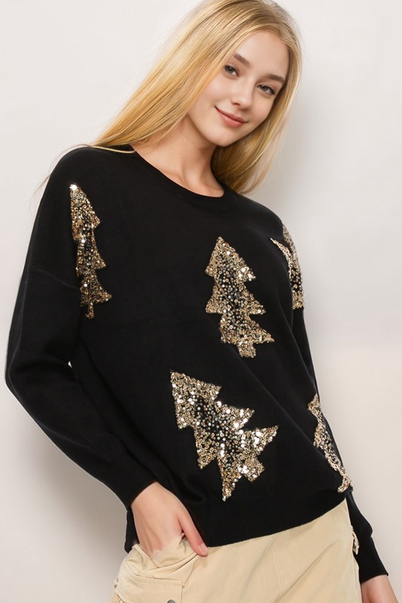 CHRISTMAS TREE SEQUINS SWETAER: Black