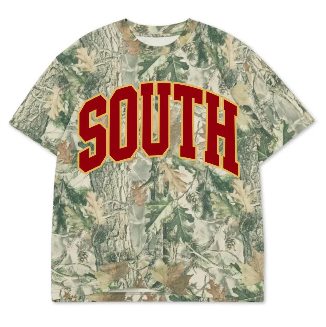 SOUTH varsity on wood camo tee