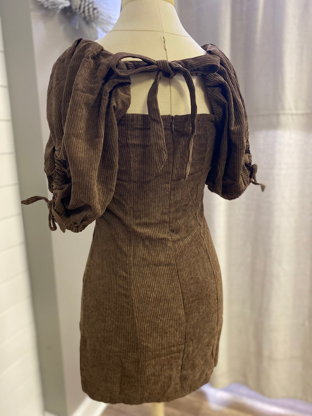 Corduroy Square Neck Puff Sleeve Mini Dress With Ties
