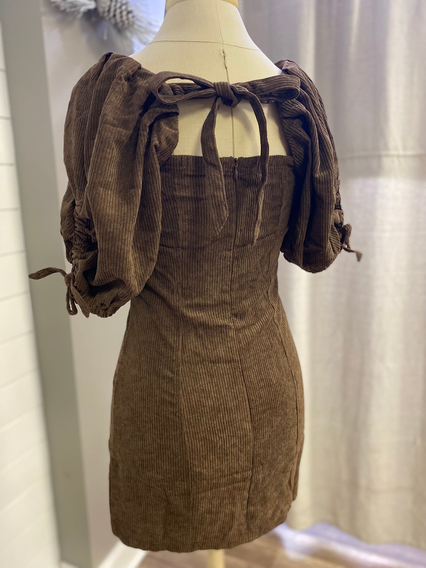 Corduroy Square Neck Puff Sleeve Mini Dress With Ties