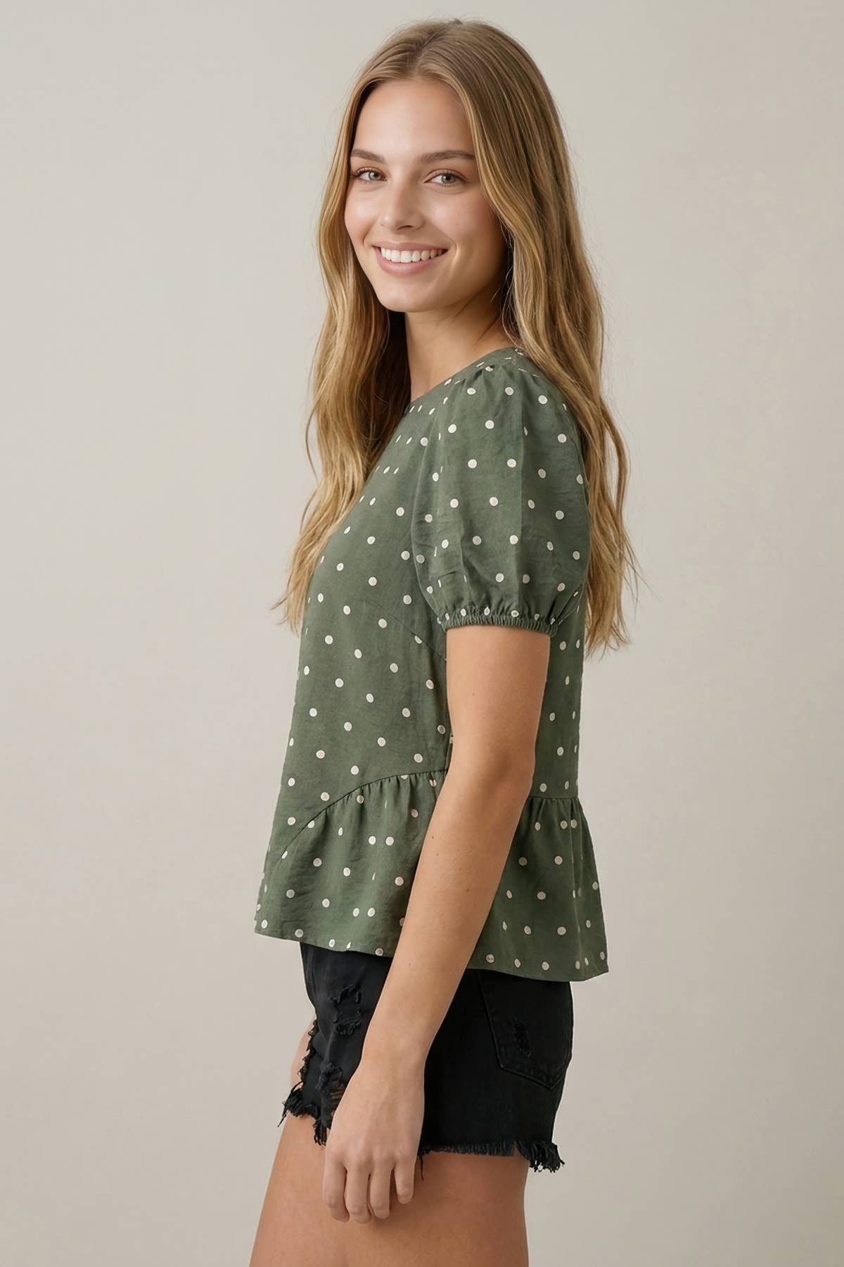 POLKA DOT SSLV PEPLUM BLOUSE - 45917T: Beige / L