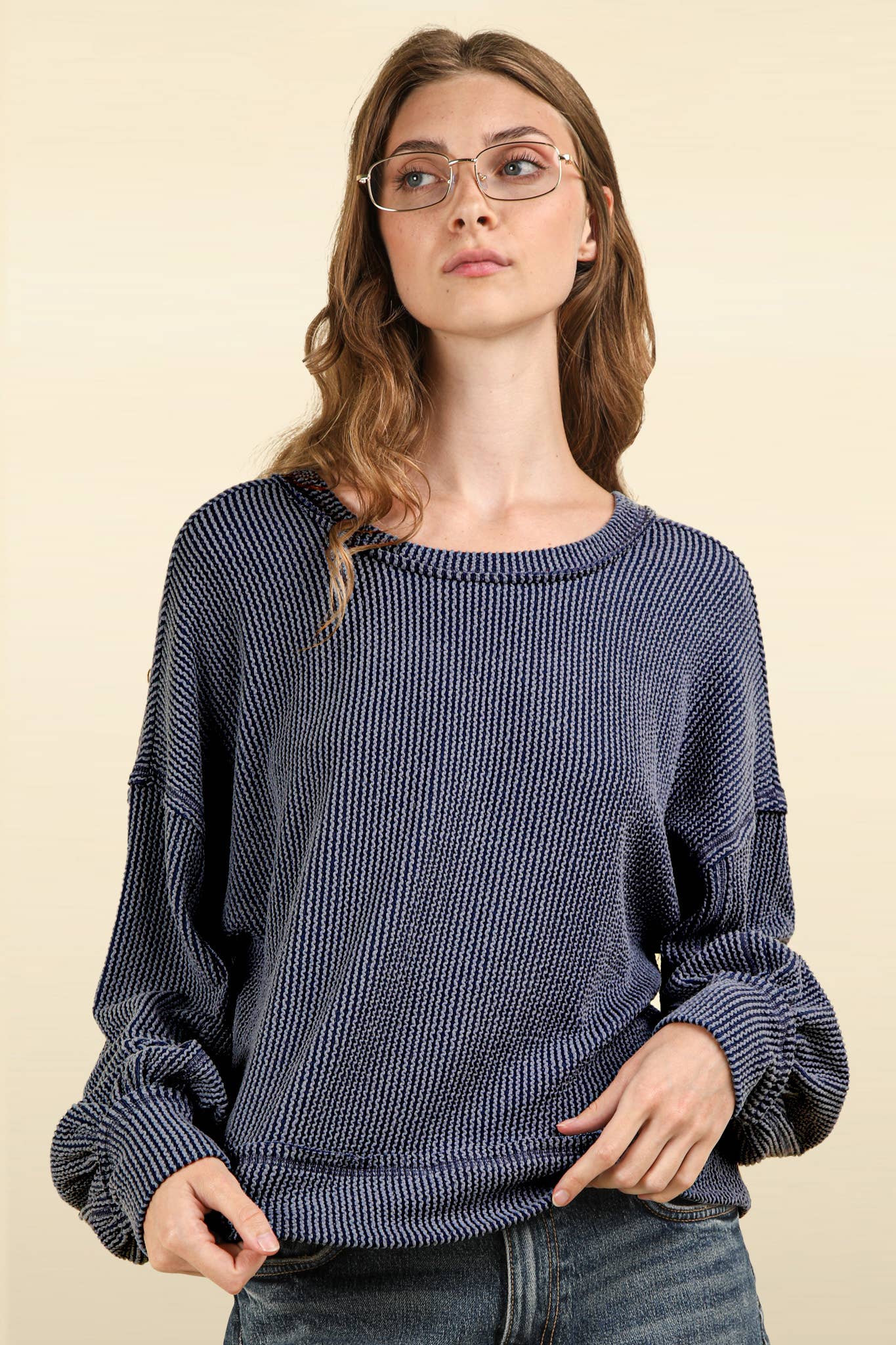 DOORBUSTER Two Tone Otto Ribbed Oversized Soft Comfy knit Top: DENIM