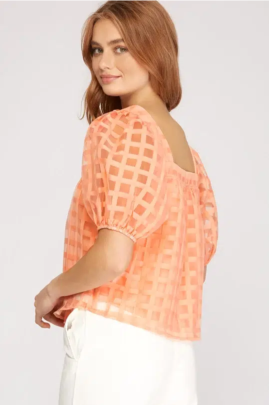 HALF PUFF SLEEVE GRID PATTERN ORGANZA SQUARE NECK TOP