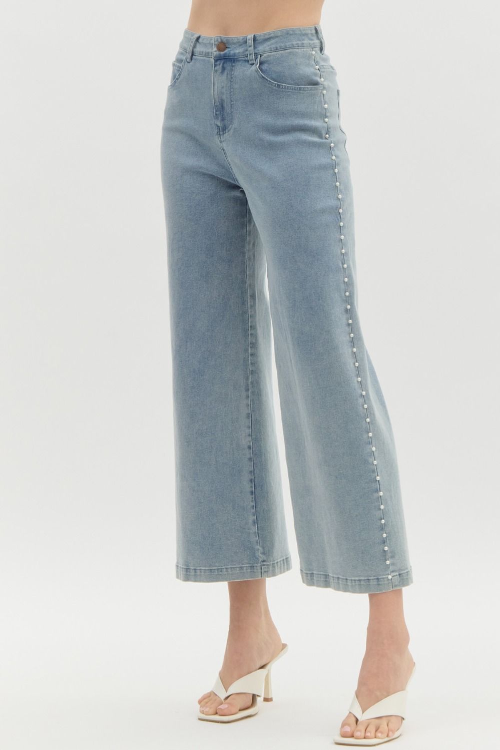 Denim High waisted denim wide leg pants featuring pearl details at side