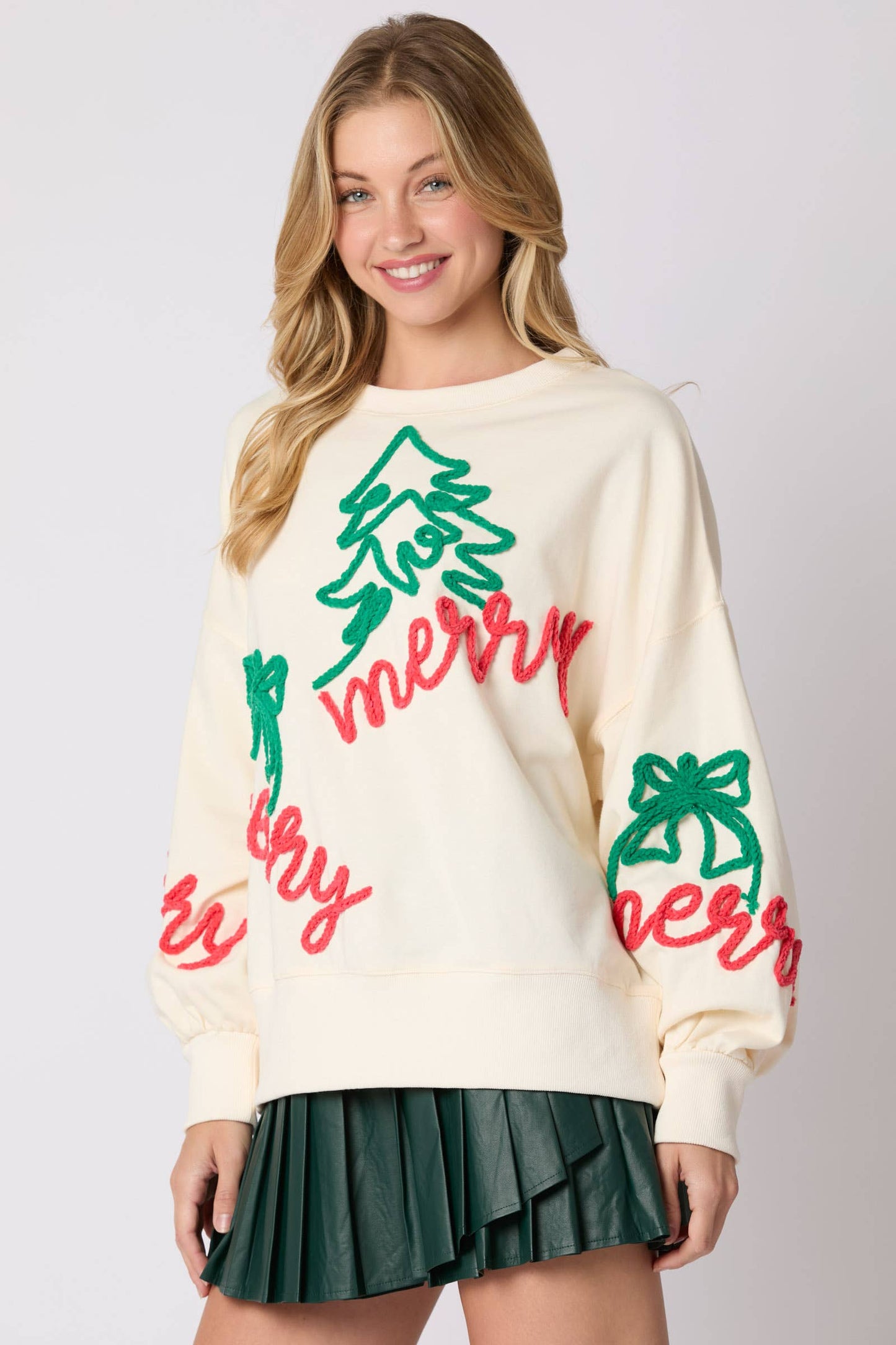 Merry Thread Embroidery Oversized Sweatshirts Cream