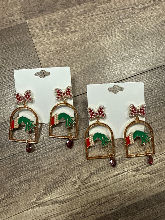 Pearl and Diamond Bow With grinch Hand Dangle Earrings- Gold