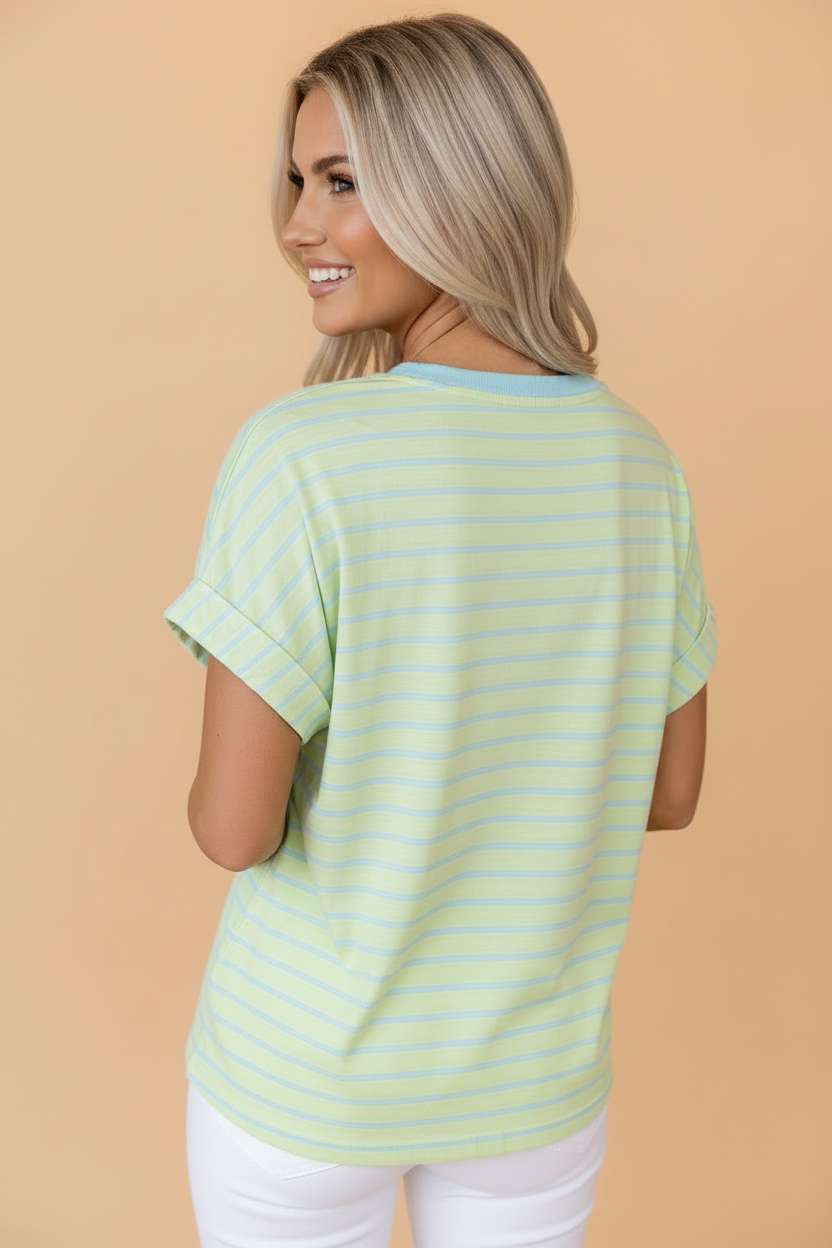 Stripe Round Neck Short Sleeve T-Shirt: Green Stripe
