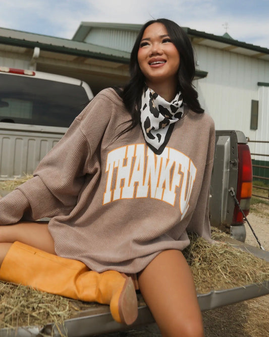 Thankful Brown Corded Crew