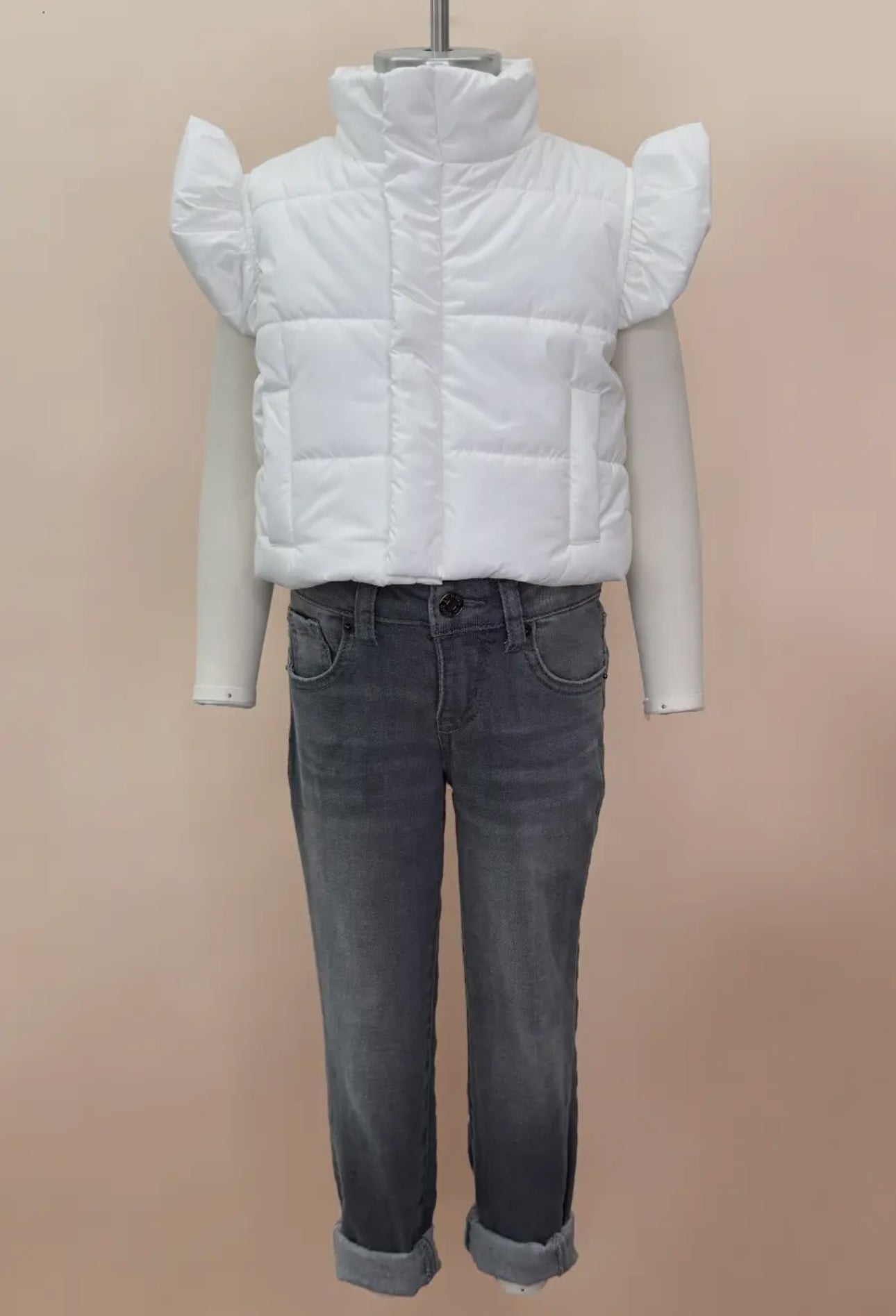 White Youth Puffer Vest With Shoulder Ruffle Detail