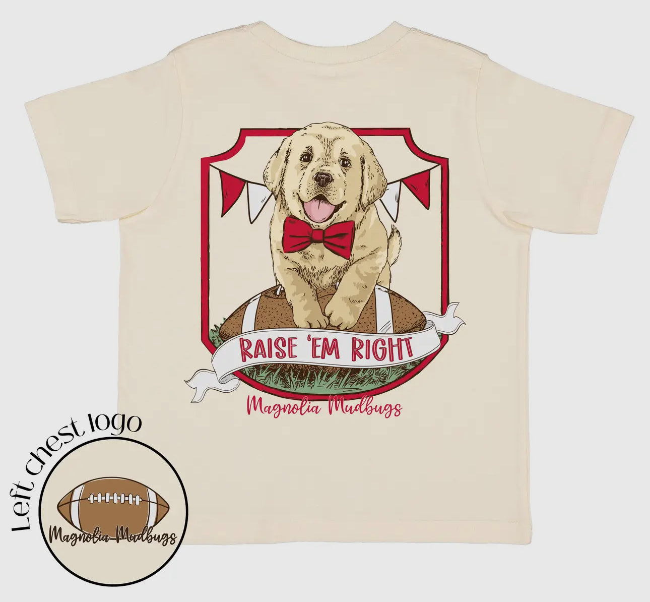 DOORBUSTERS Football Dog Raise Em Right - Magnolia Mudbugs Youth Tee