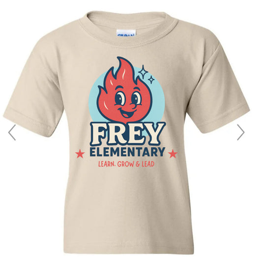 Frey Elementary, Learn Grow Lead with flame in circle on natural