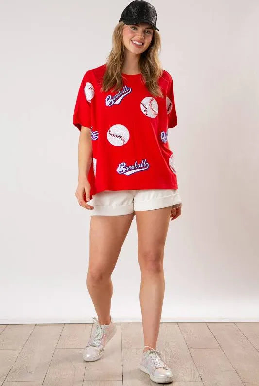 Red Cotton Loose Fit Short Sleeve Top with Baseball Sequins