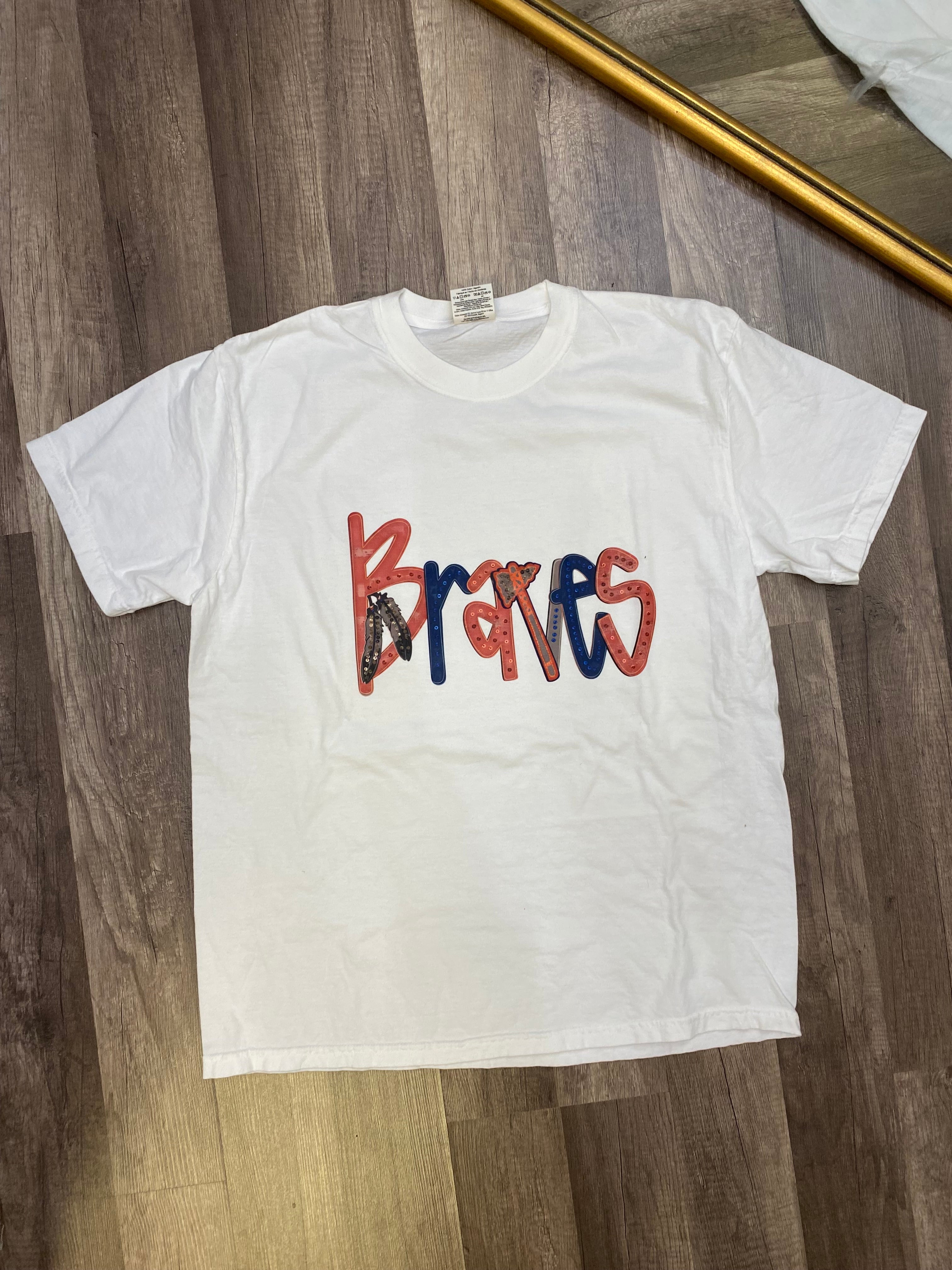 Braves Faux Sequin with Tomahawk on White