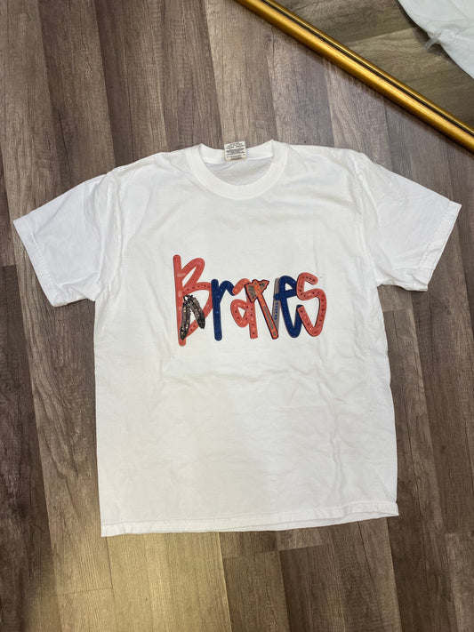 Braves Faux Sequin with Tomahawk on White