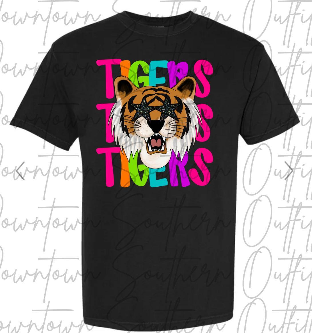 Tigers Multi Color Neon Stacked Black Tee