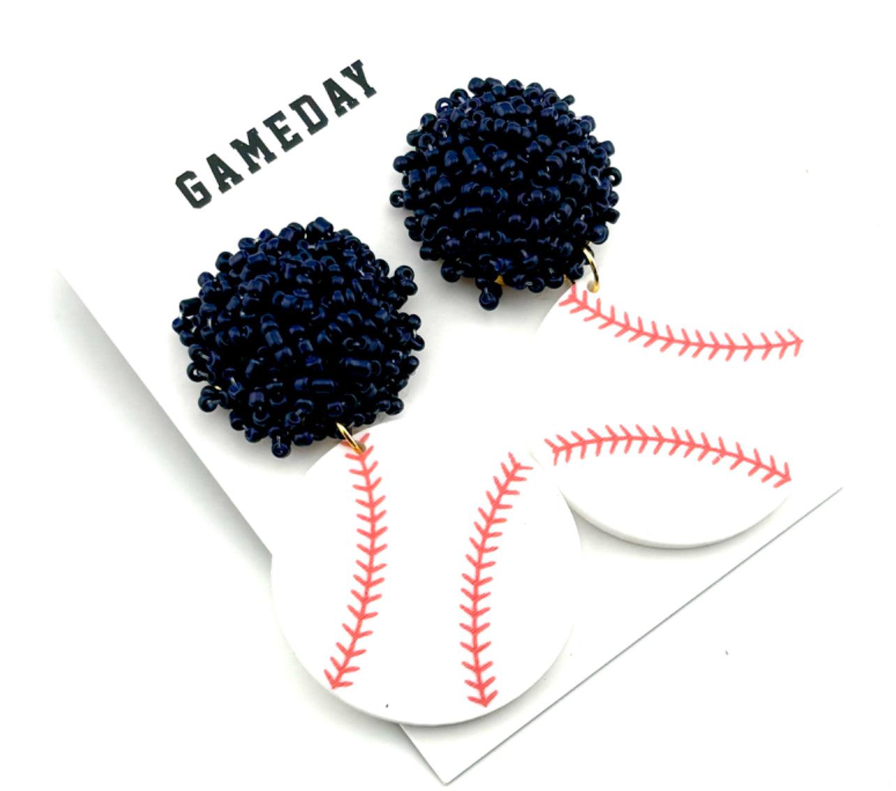 Baseball Navy Bead Dangle Earrings