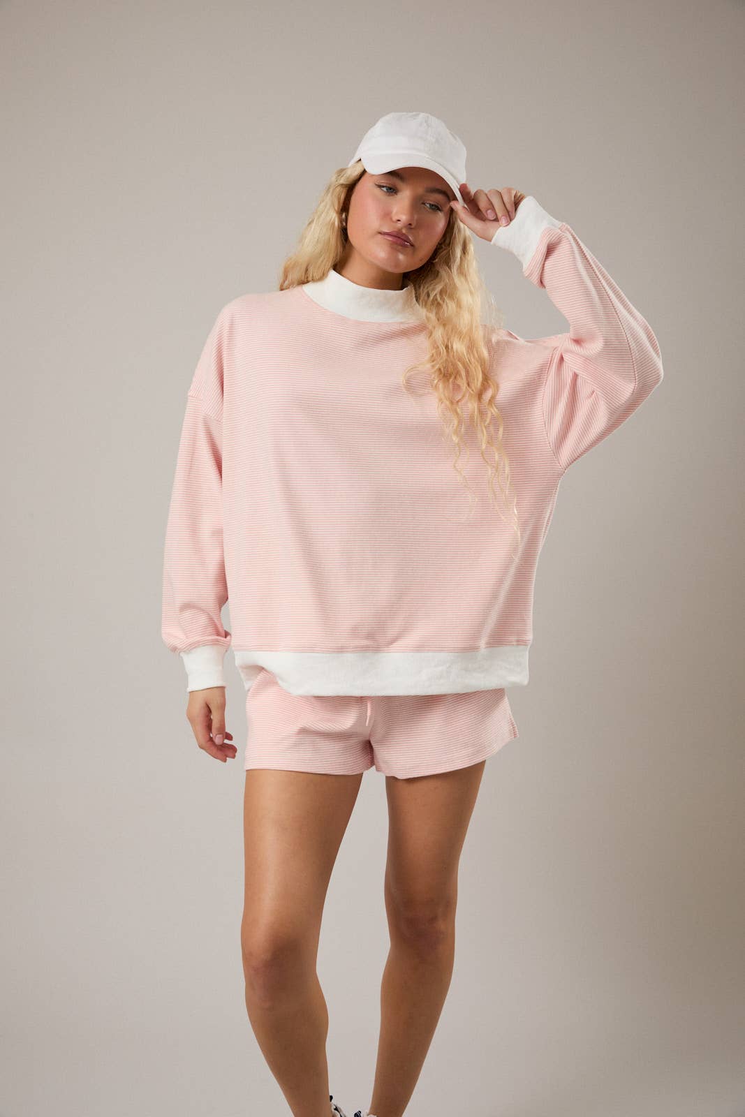 MOCK NECK STRIPE SWEATSHIRTS TOP: PEACH-CREAM STRIPE