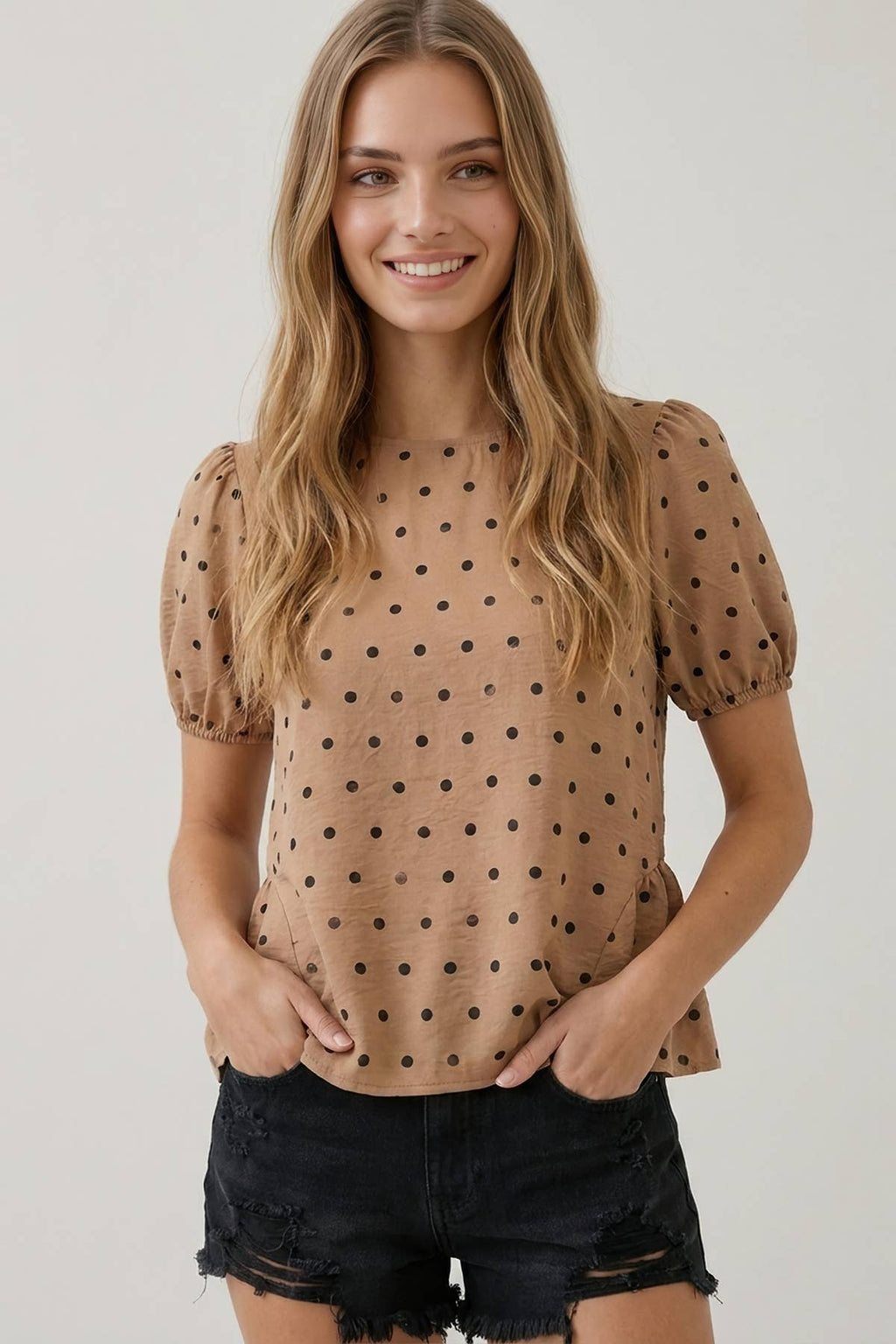 POLKA DOT SSLV PEPLUM BLOUSE - 45917T: Beige / L