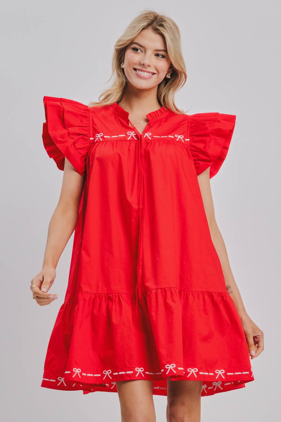 Solid Poplin Babydoll Mini Dress: Red