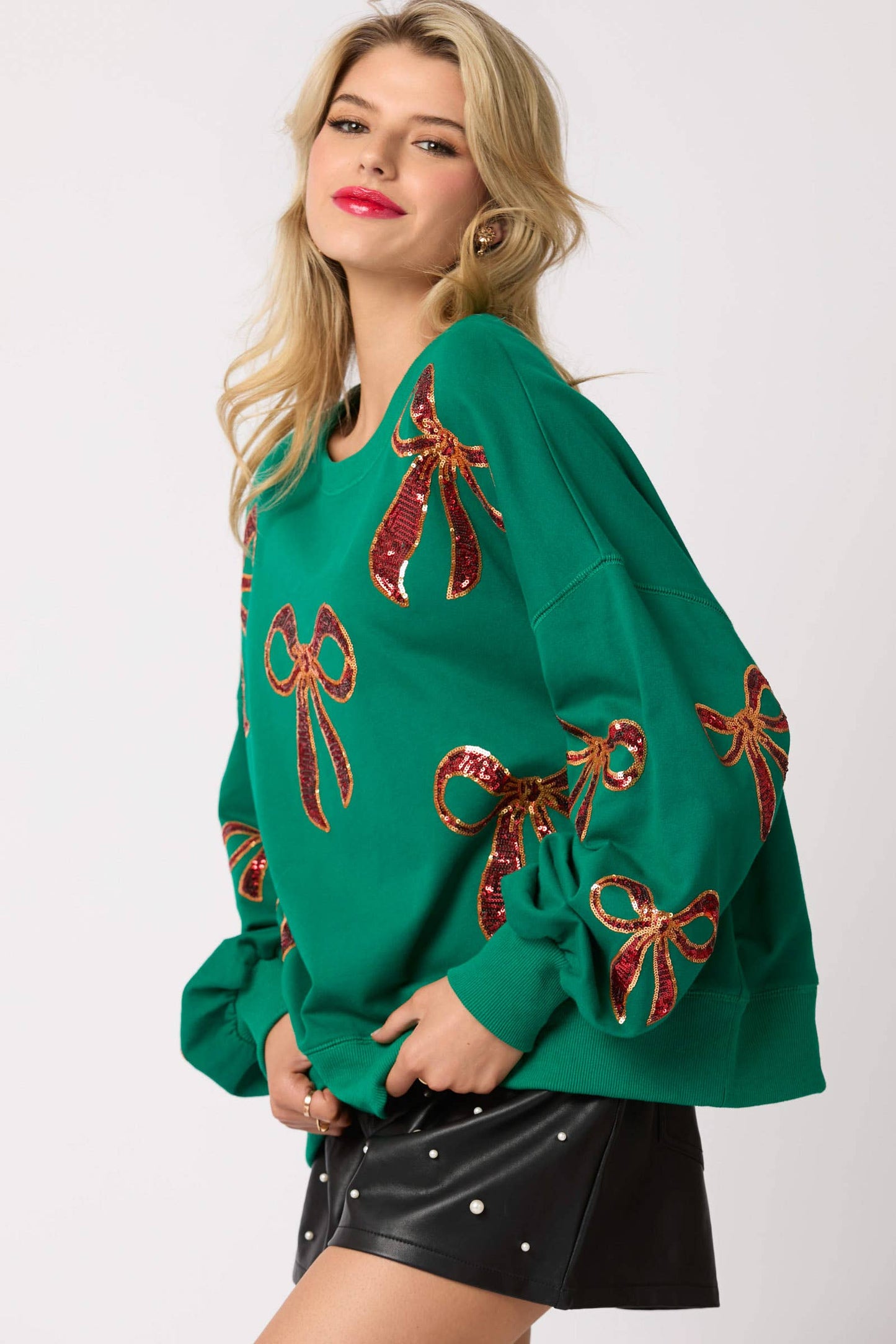 Christmas Bow Embroidery Oversized Green Sweatshirts