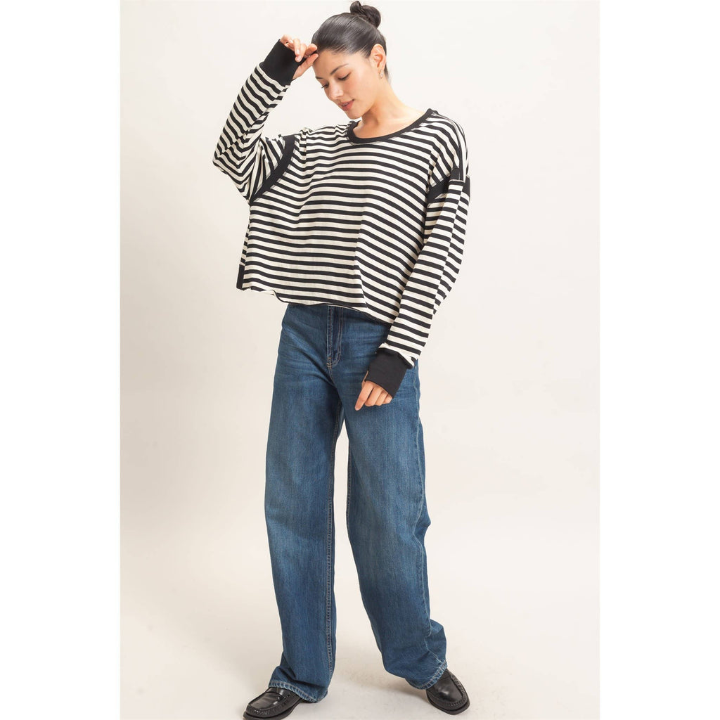Striped Long Sleeve Top: MOCHA / WHITE