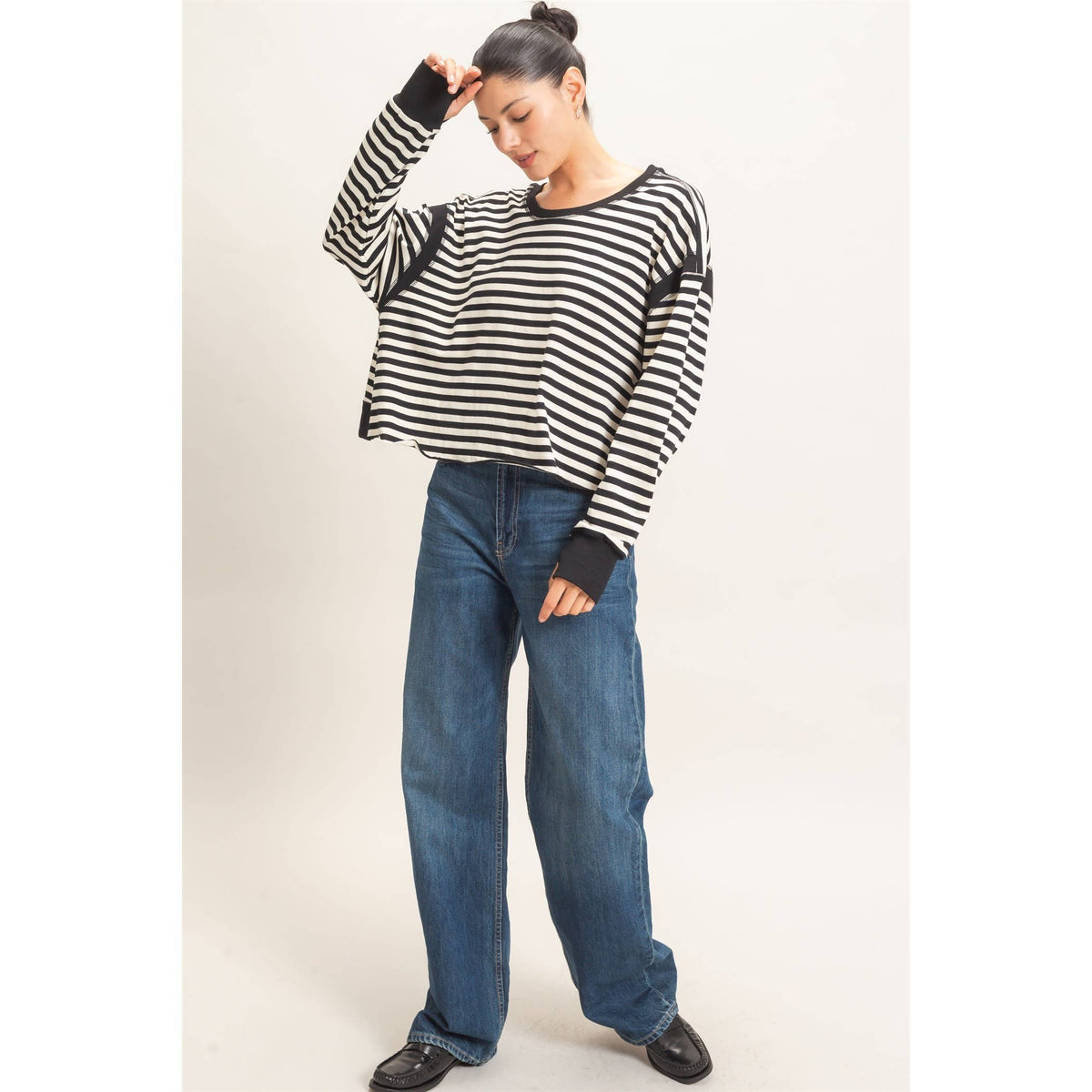 Striped Long Sleeve Top: MOCHA / WHITE