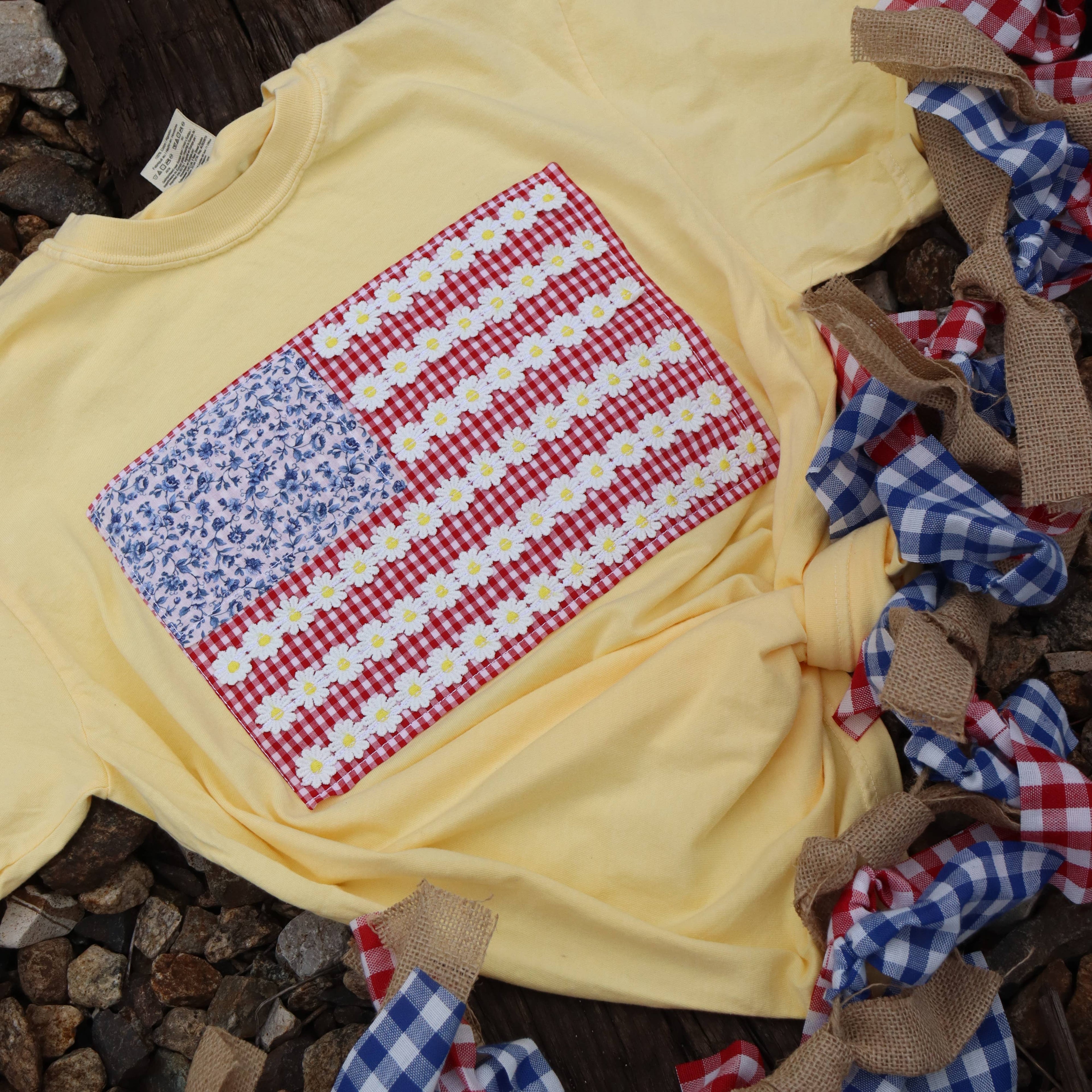 Yellow Floral American Flag Embroidered Short Sleeve