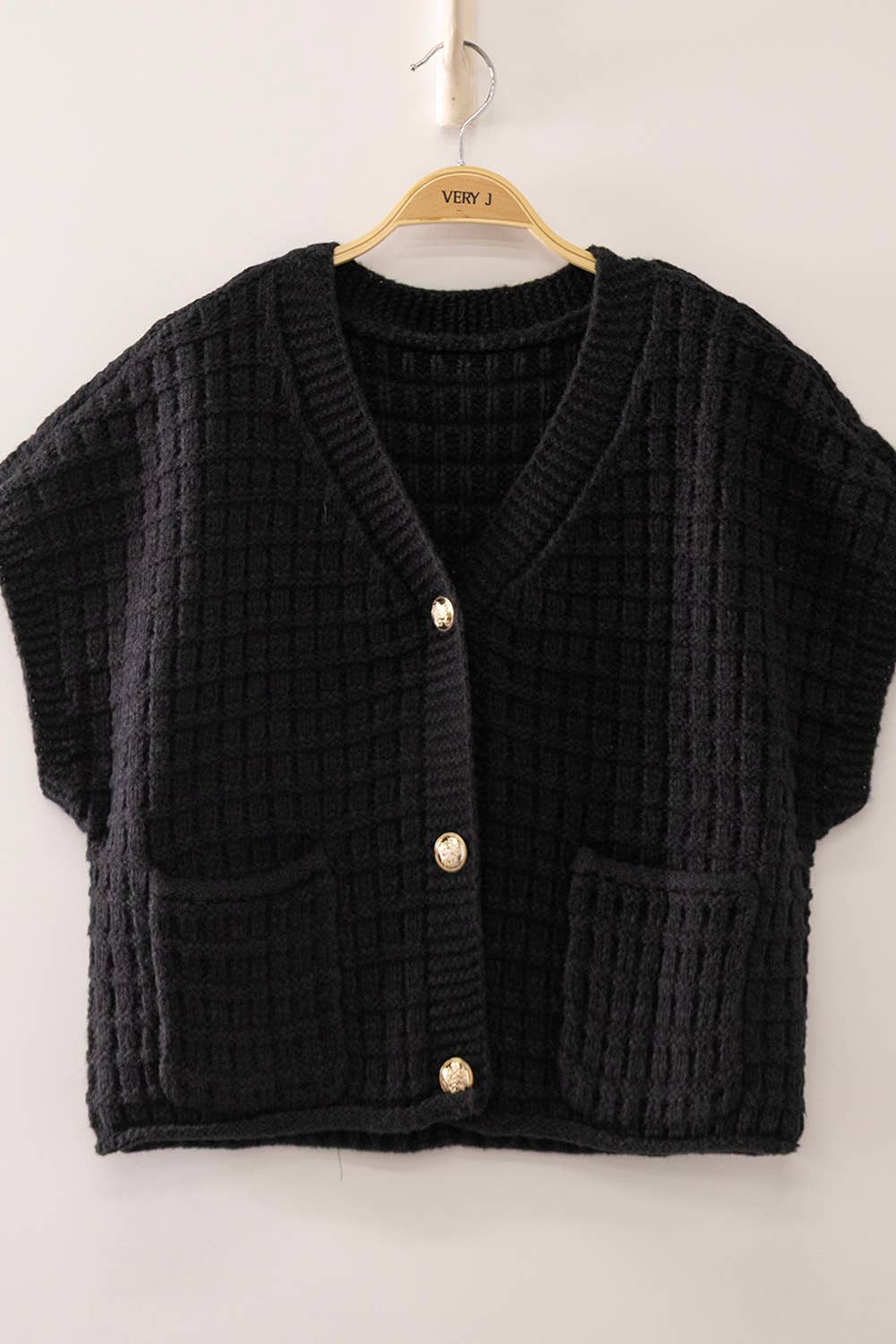 Waffle Texture Crop Cardigan: BLACK
