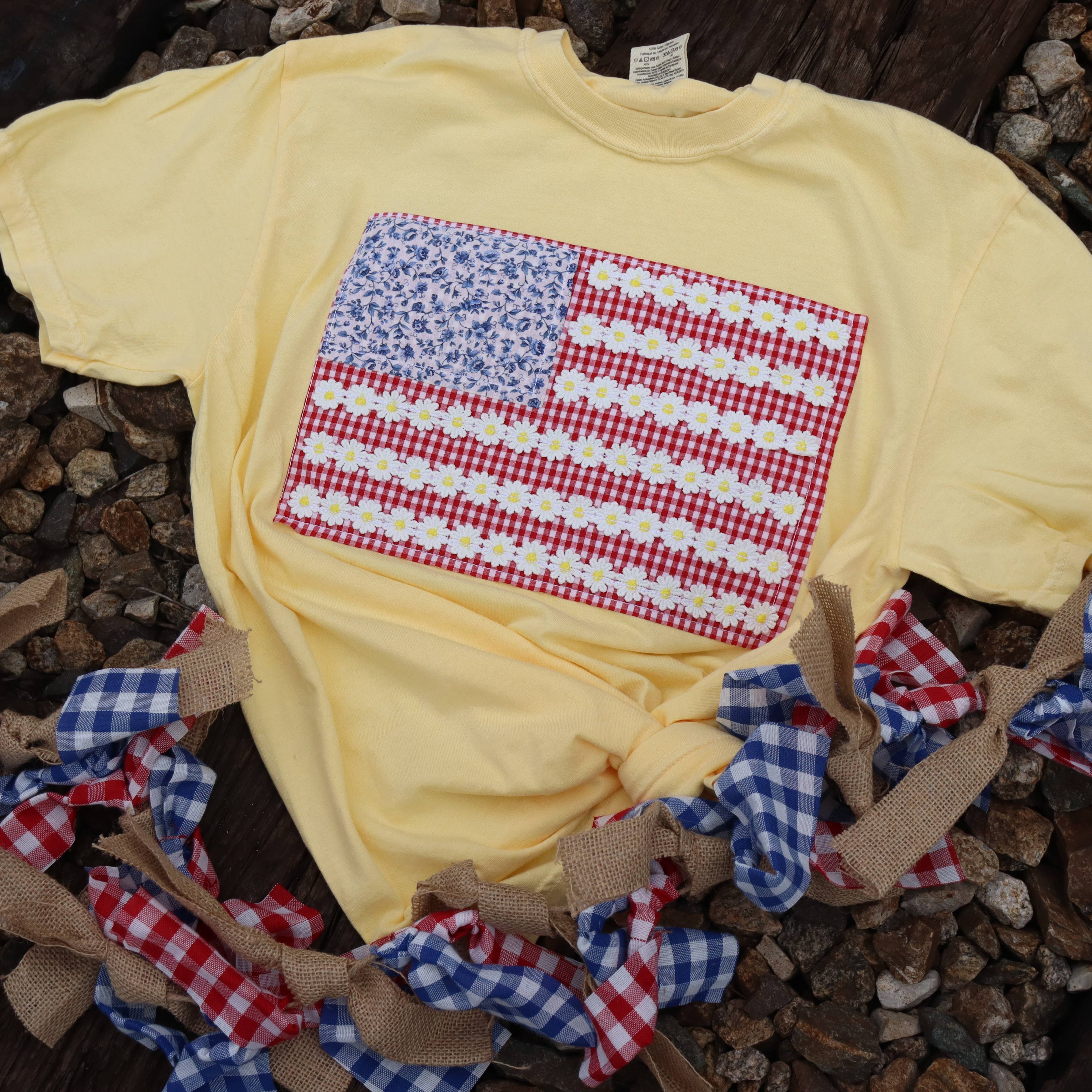 Yellow Floral American Flag Embroidered Short Sleeve