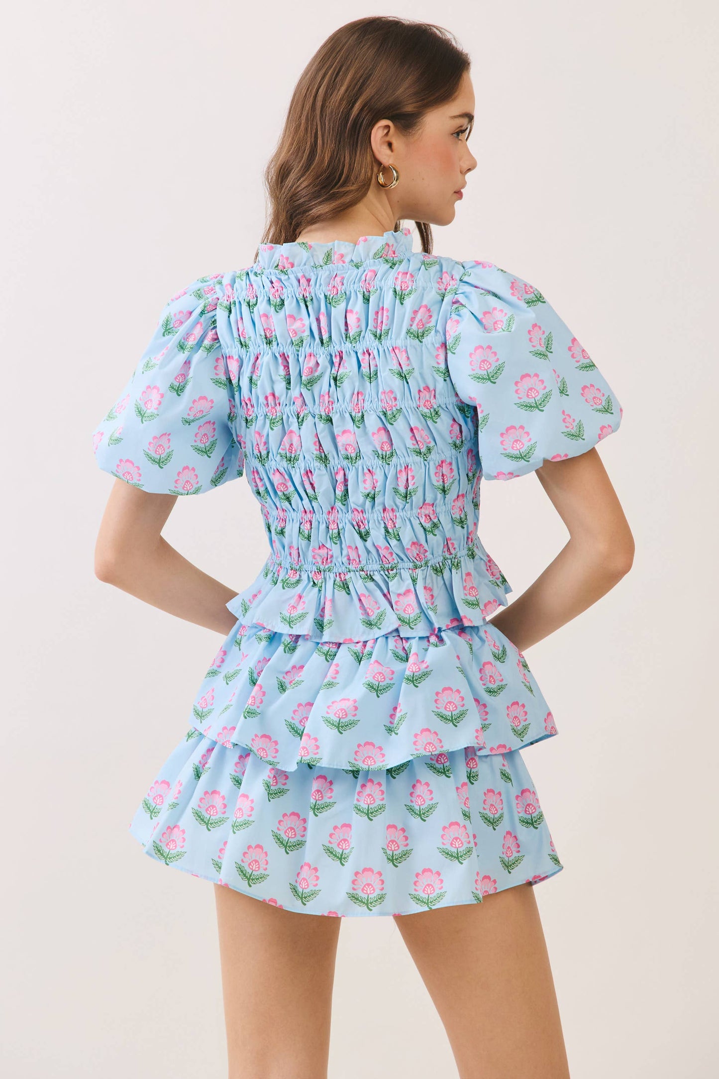 Floral Print Ruffle Trim Puff Sleeve Tie Front Top: Blue