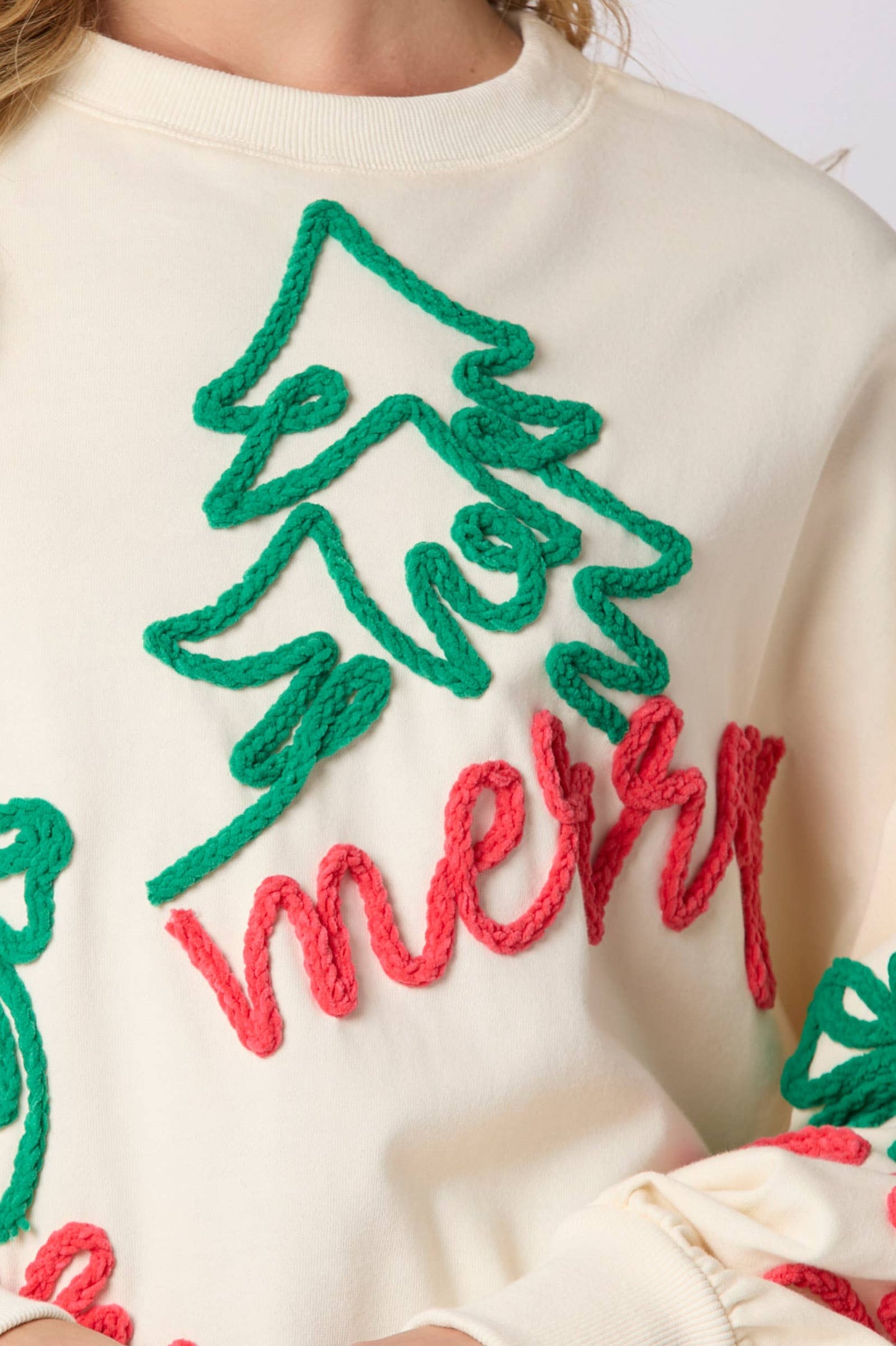 Merry Thread Embroidery Oversized Sweatshirts Cream