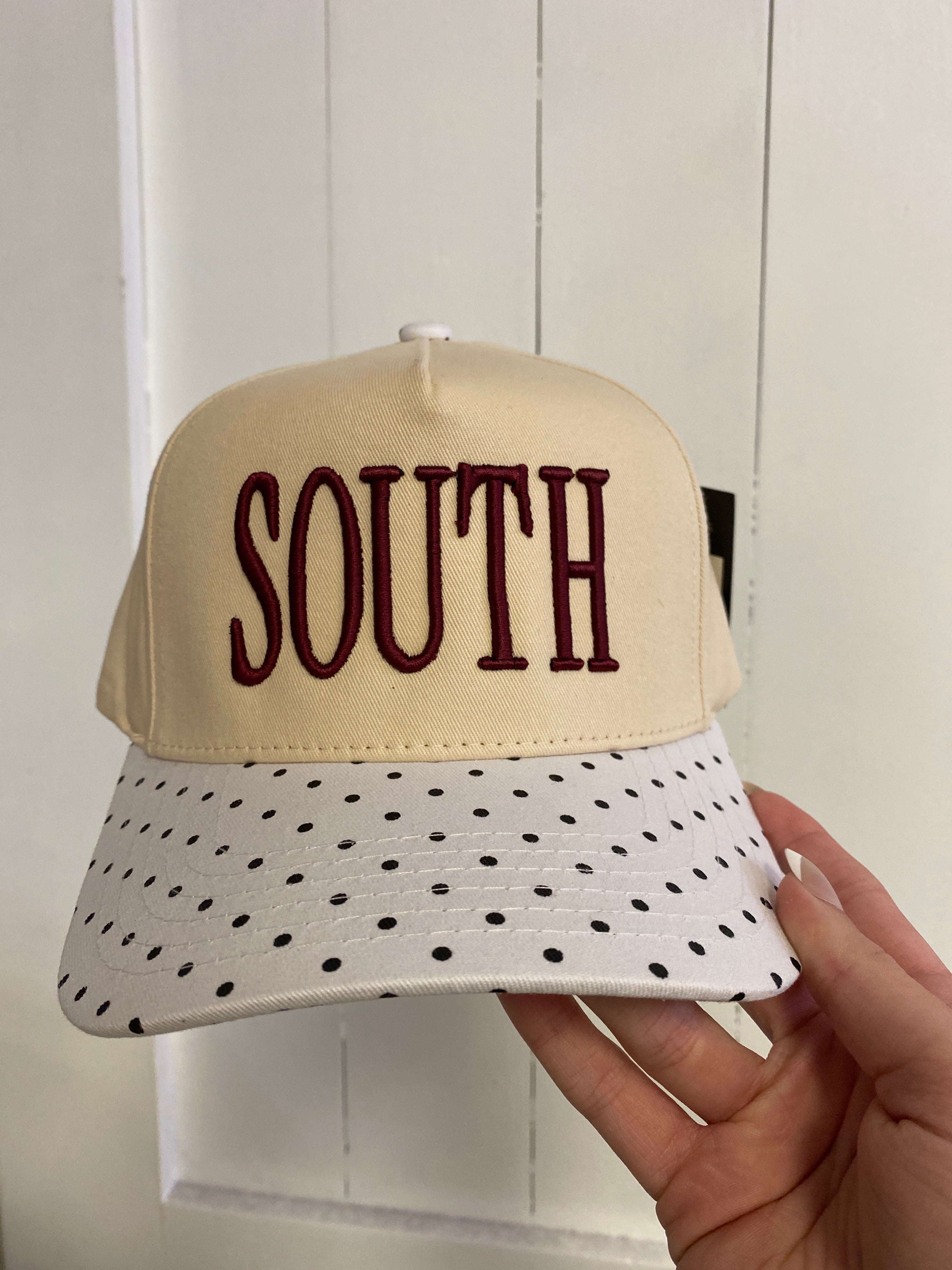 South red embroidered polka dot hat