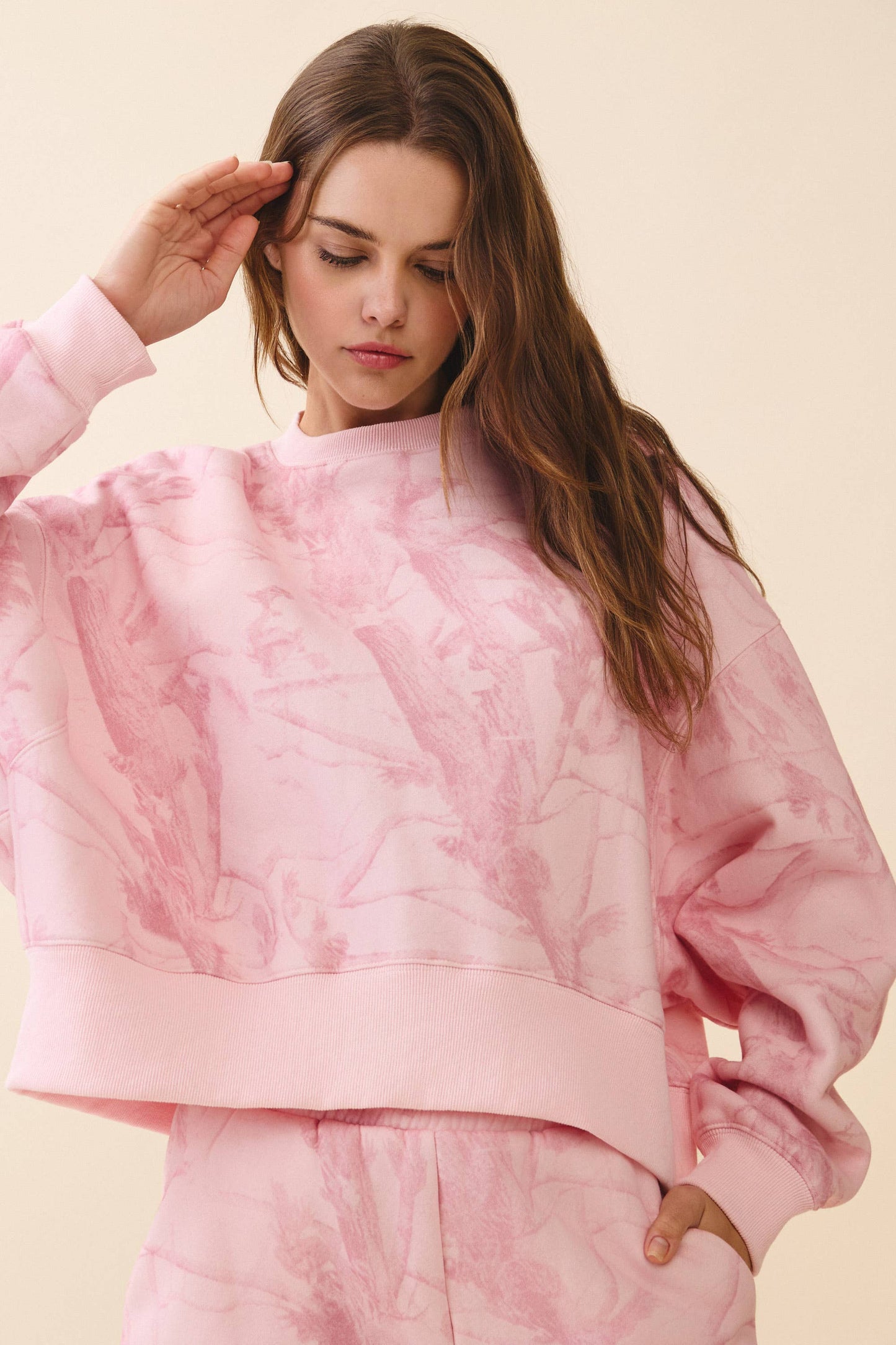 Camouflage Print Dropped Shoulders Sweatshirt: Pink
