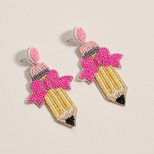 Beaded Pencil Bow Statement Earrings: MUL