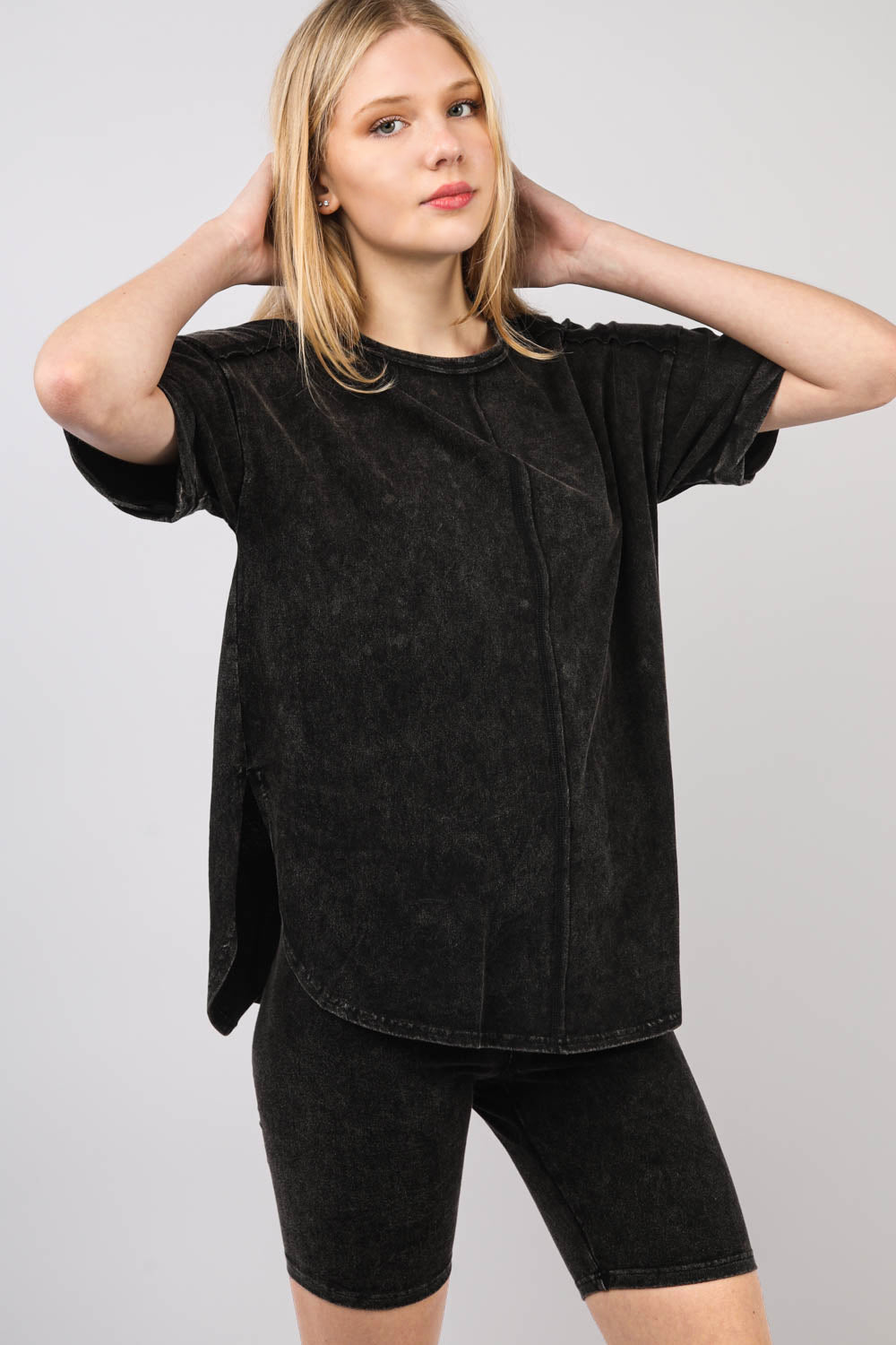 Black Washed Stretchy Knit Activewear Top