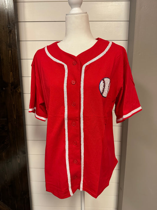 Red French Terry Baseball Top With Sequin Embroidery